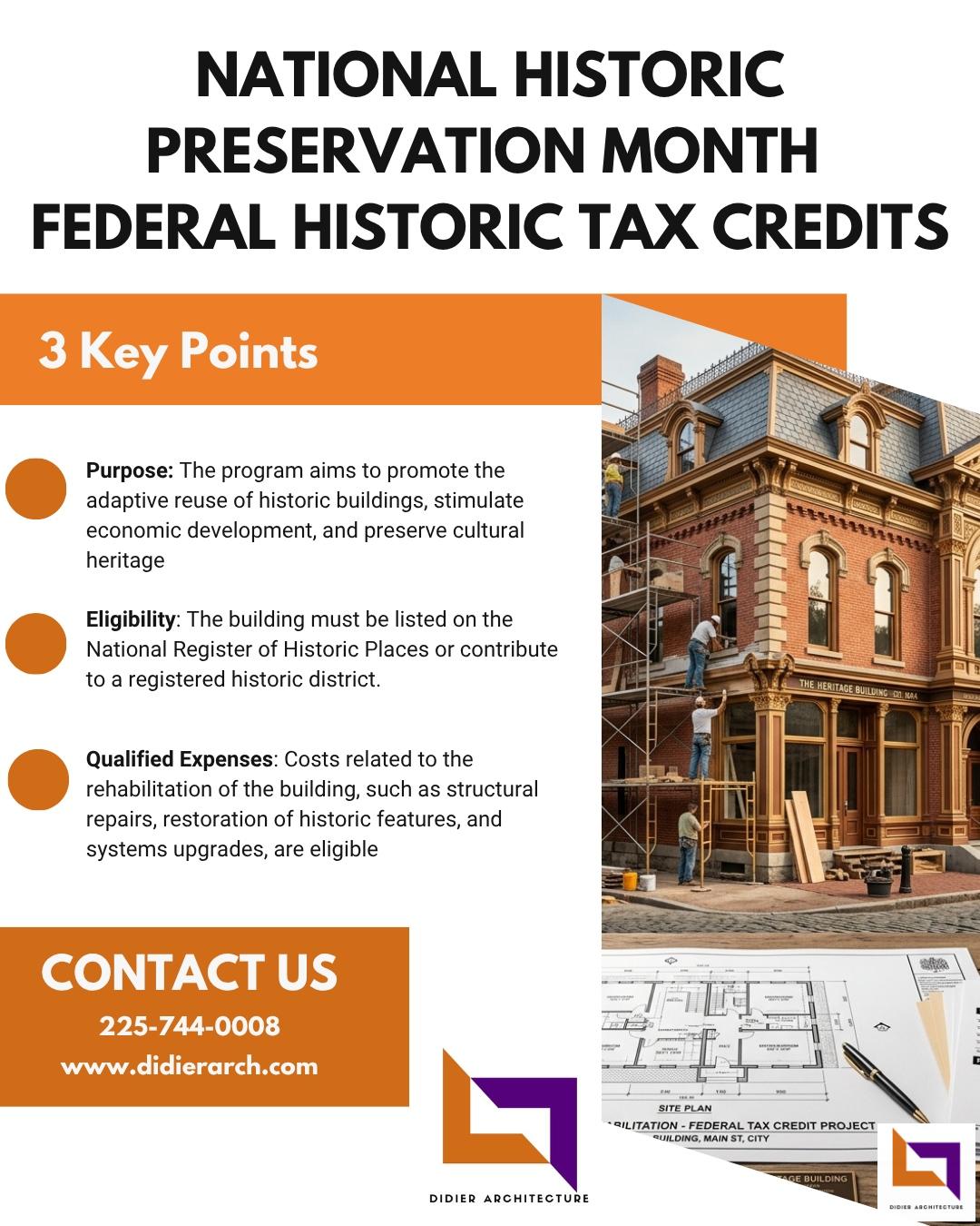 This program has been instrumental in saving thousands of historic buildings across the U.S. while fostering economic growth in communities. Reach out to us for help with the process. #DidierArch #DidierArchitecture #nationalhistoricpreservationmonth #federaltaxcredit #adaptivereuse