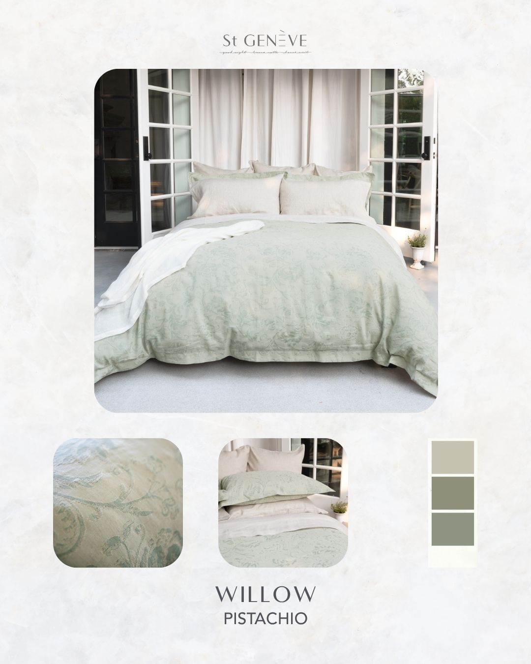 WILLOW PISTACHIO | MATTE JACQUARD
Inspired by the beauty and grace of the majestic Willow tree, delicate detail comes to life in this Italian jacquard.
74% Egyptian long-staple cotton / 26% linen
490 thread count
Fabric from Italy
Sewn in Canada
stgeneve.com/product-page/willow
#castlecore #castlecoredecor #castlecoreaestheticbedroom #modernvintage #ModernTraditional #Maximillist #GrandmillennialBedroom #royalcore #Maximalism #Romanticiseyourlife