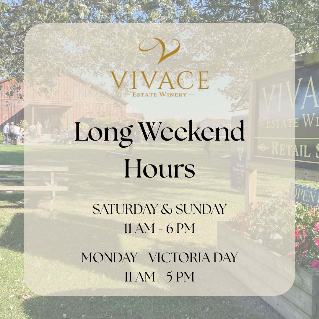 Join us for a relaxing weekend at the winery featuring:
• Wine flights
• Charcuterie boards
• Lawn games
• Patio & vineyard views
• A laid-back long weekend atmosphere
Gather your friends and family, sip local wine, and enjoy the start of summer with us at Vivace Estate Winery.
Long Weekend Hours:
Saturday: 11:00 a.m. – 6:00 p.m.
Sunday: 11:00 a.m. – 6:00 p.m.
Victoria Day Monday: 11:00 a.m. – 5:00 p.m.
We look forward to welcoming you!
#vivacewine #epicwineries #victoriaday