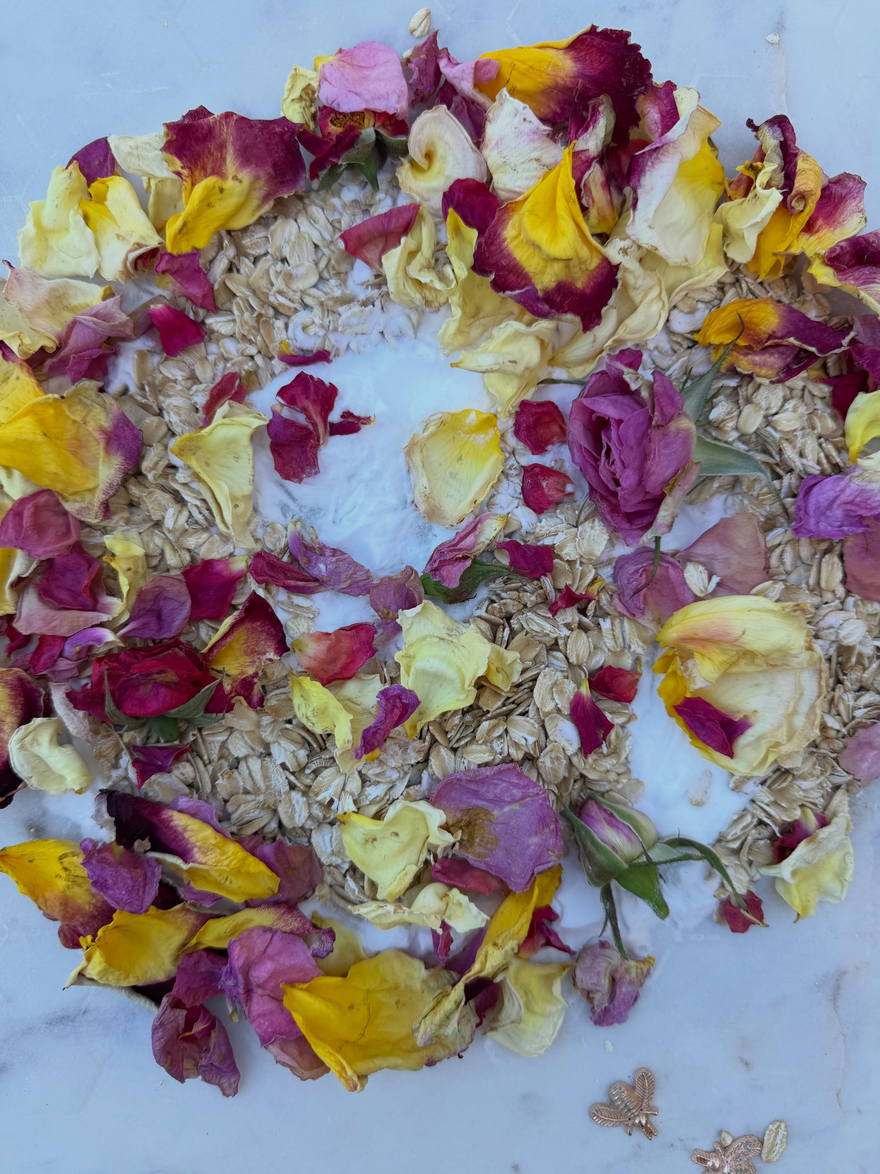 Make your own relaxing bath soak by mixing together equal parts whole oats, baking soda, and rose petals (or your favorite floral blend) chop fine in a food processor and add a 1/2 cup to a warm bath. For easier cleanup tie up in a cotton washcloth or muslin tea bag. Enjoy - You are beautiful and now relaxed. Use your garden!
