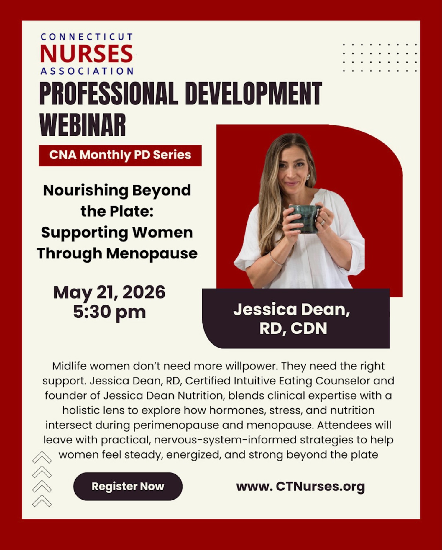Perimenopause and menopause are finally getting the attention they deserve š
For way too long, women have been told to ājust deal with itā while navigating exhaustion, weight changes, anxiety, brain fog, sleep disruption, burnout, hormone shifts, and feeling completely unlike themselves.
This monthās CNA Professional Development Webinar is all about changing that conversation.
Weāre excited to welcome Jessica Dean, RD, CDN for:
⨠Nourishing Beyond the Plate: Supporting Women Through Menopause
This isnāt another āeat less and exercise moreā talk.
Itās a real conversation about hormones, stress, nutrition, the nervous system, and what women actually need during perimenopause and menopause.
Whether youāre a nurse, healthcare professional, or someone personally navigating this stage of life, this is such an important topic.
š May 21, 2026
ā° 5:30 PM
š Register at CTNurses.org
Tag a woman who needs this conversation in her life right now š