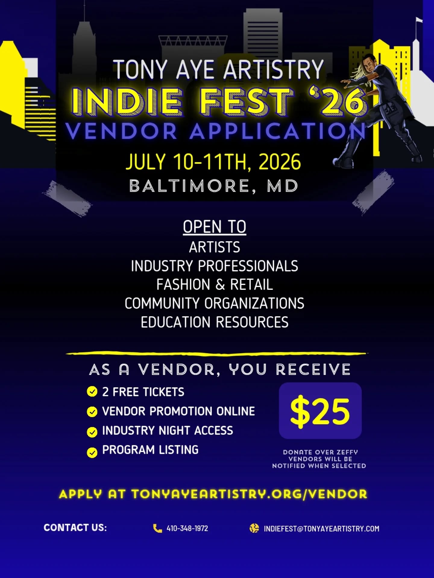 Indie Fest is fueled by community, join the festival as one of our vendors! We're looking for vendors in these areas:
Artists
Industry professionals
Fashion & retail
Community organizations
Education resources
Apply at Tonyayeartistry.org/vendor or http://tr.ee/indiefest26
#TonyAyeArtistry #IndieFest26 #vendor #nonprofit #indieartists