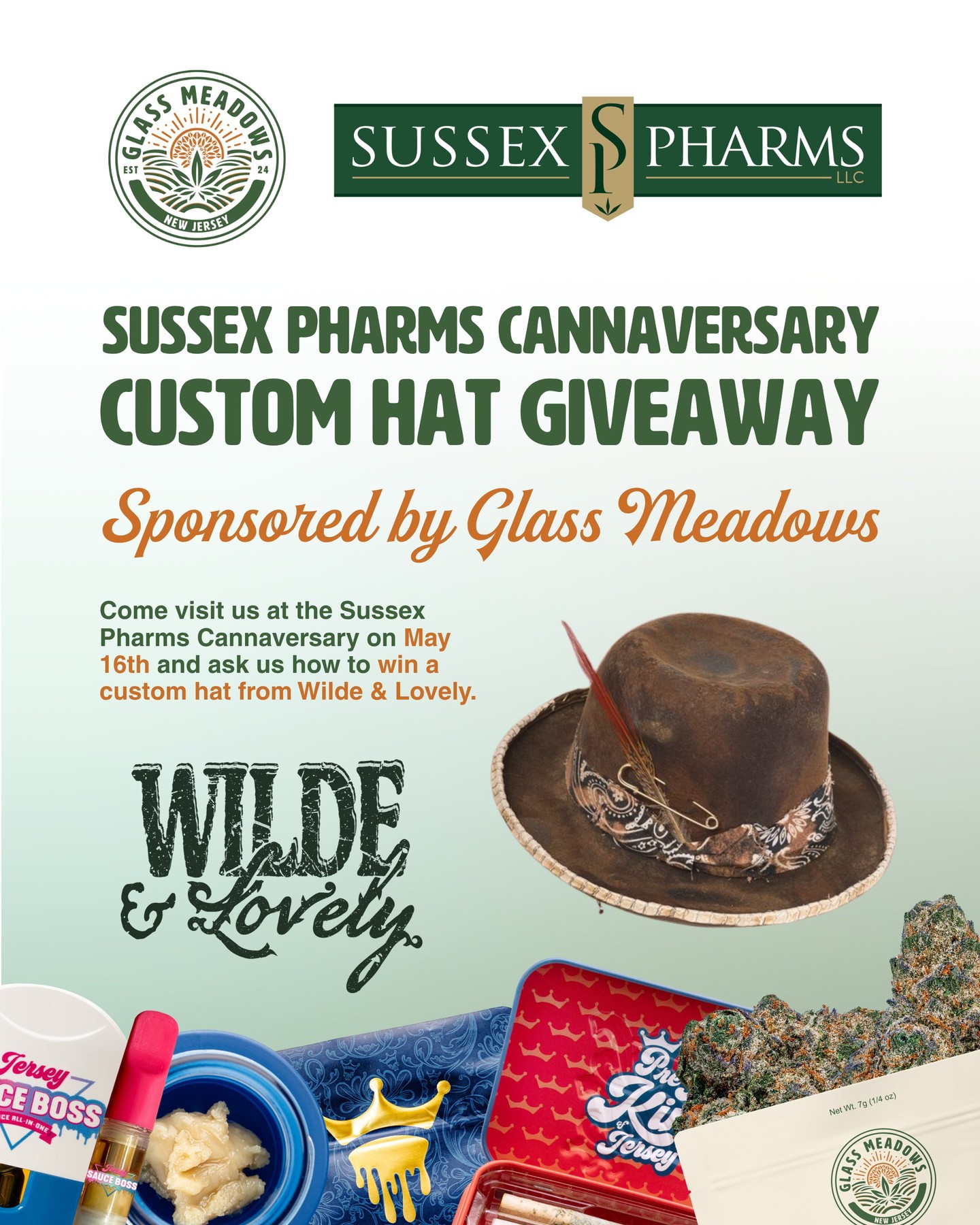Catch us at the Sussex Pharms Cannaversary on May 16th 🤠🍃
Stop by the Glass Meadows table to get entered for your chance to create your own custom @wildeandlovely hat with a personalized design consultation! 💚