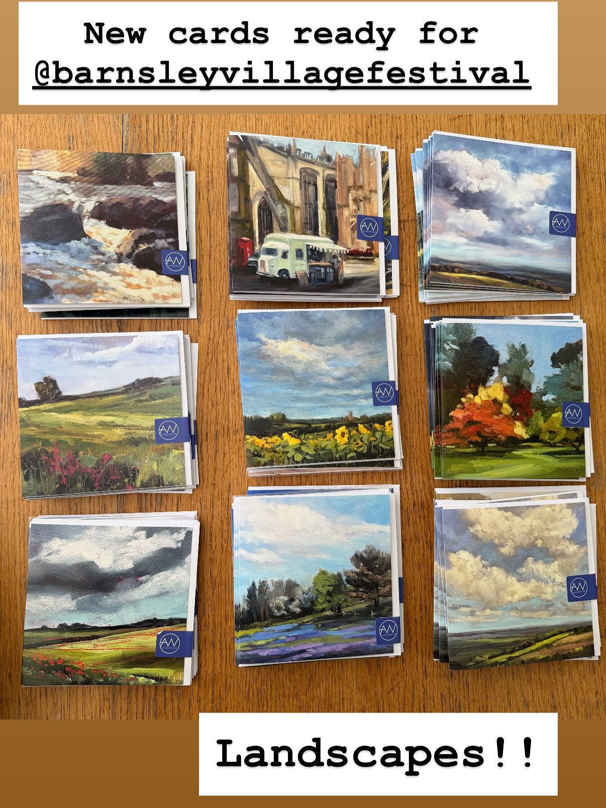 Swipe to see what I have been up to!!
I’m back from a fantastic holiday just in time to sort my new greetings cards out for my upcoming exhibitions.
Swipe through there are loads!!!!!!!
I hope you like them. I’ve made some new designs, they really are all my favourite places, and I’ve ditched the cellophane wraps in favour of the stickers with my logo on. Skilfully designed and produced by Claire Ferris Graphic Designs
I think I’ll display them as landscapes and seascape separately – what do you think?
They’re going to be available direct from me at @barnsleyvillagefestival on Saturday the 16th May, all day, also always available at @fivevalleysgallery in Stroud , plus two upcoming exhibitions - Vistas and Vignettes at @threestoreysnailsworth 2-7th June , and @gardensgallery Aug 29tg - Sept 3
if I ever work out a sensible way to sell them via my website – you’ll be the first to know- , advice welcome!
#artcards #arttobuy #villageart #countrylivingmagazine #coasttocoast