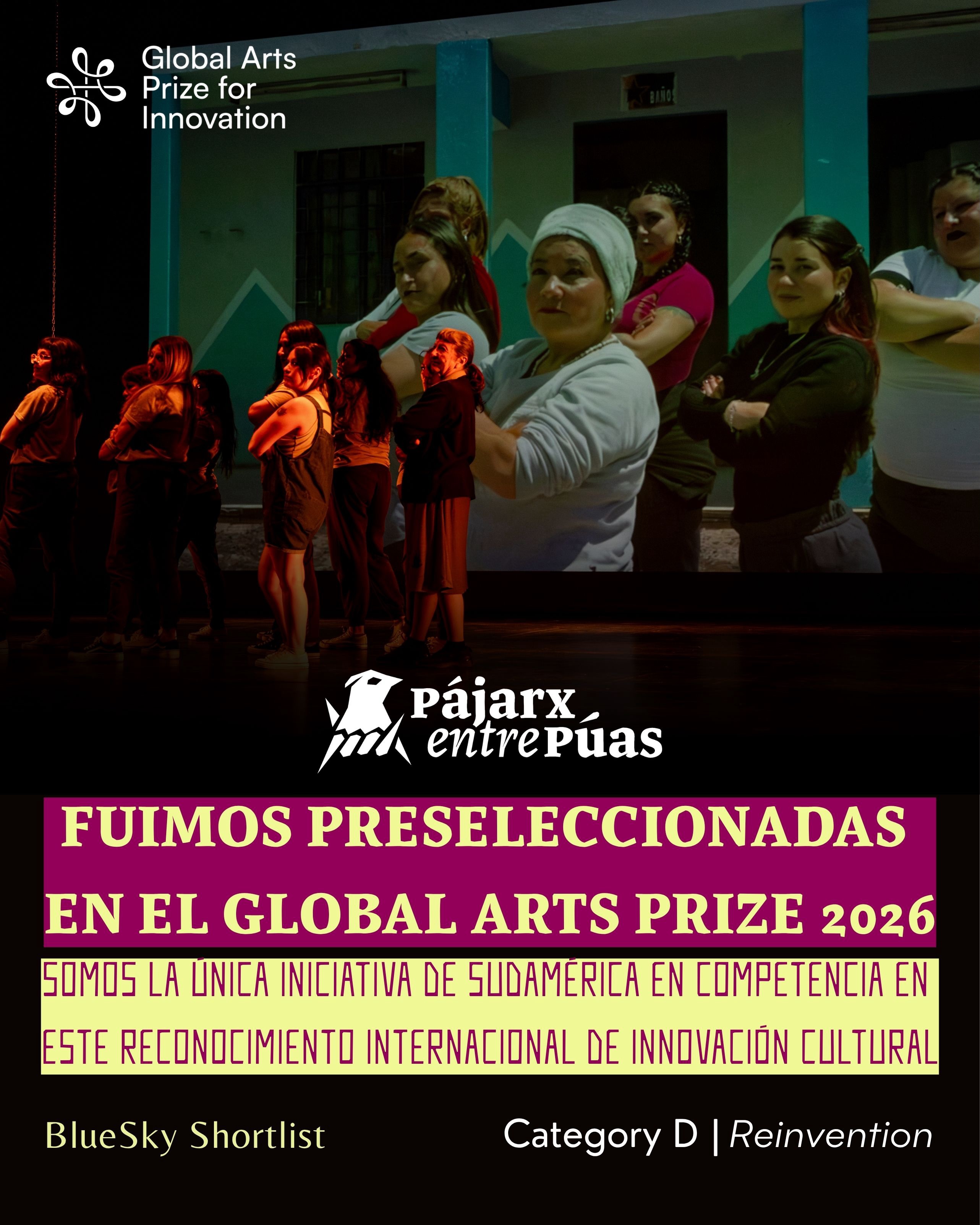 Tenemos una gran noticia! 🎉
Pájarx Entre Púas fue preseleccionada en el Global Arts Prize 2026 y somos la única iniciativa sudamericana en competencia.
🚨🐦 ¡Apóyanos votando en este concurso internacional! 🌎🏆
👉🏽 ¿Cómo hacerlo?
- Abre el link de nuestra bio
- Comenta la publicación del Global Arts Prize 2026 mencionando a @pajarxentrepuas 💬 y el territorio desde el que te conectas.
📅 Las votaciones estarán abiertas hasta el 15 de mayo.
✨ Este reconocimiento del Global Leaders Institute @globalleadersinstitute destaca proyectos culturales de todo el mundo que generan impacto social y transformación real. Nos nominaron en la categoría “Reinvention” por más de 10 años de trabajo artístico y comunitario junto a mujeres privadas de libertad en Chile.
👉 Puedes apoyarnos votando en el Instagram de @globalleadersinstitute hasta el 15 de mayo.
Gracias por acompañarnos y creer en el arte como herramienta de transformación 🙌🏾
🖤 Juntxs Somos Bandada
