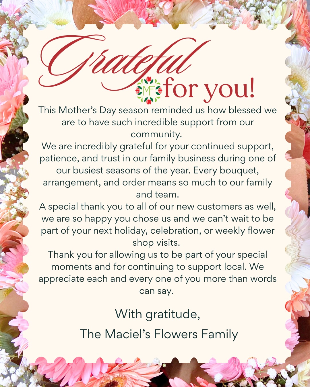 ✨This Mother’s Day weekend was one for the books. As we slow down and reflect, we feel such an immense amount of gratitude for the incredible support from our community. We are beyond blessed and beyond thankful for all of you. 🌸
.
.
.
✨Este fin de semana del Día de las Madres fue inolvidable. Mientras bajamos el ritmo y reflexionamos, sentimos una inmensa gratitud por el increíble apoyo de nuestra comunidad. Estamos más que bendecidos y profundamente agradecidos con todos ustedes. 🌸