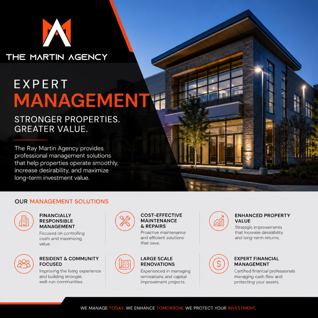 Your property is either increasing in value…
or quietly costing you money.
That’s the difference strong property management makes.
At The Ray Martin Agency, property management is more than maintenance calls and collecting fees.
It’s about protecting your investment, improving operations, controlling costs, and creating communities people actually want to live and work in.
Most companies stop at routine maintenance.
We go further:
✔️ Financially responsible management
✔️ Cost-effective repairs and renovations
✔️ Long-term property value strategies
✔️ Resident-focused solutions
✔️ Experienced financial oversight
The goal isn’t just managing properties.
The goal is building stronger assets for the future.
The right management team changes everything.
https://www.theraymartinagency.com/management
#PropertyManagement #CommercialRealEstate #RealEstateInvesting #AssetManagement #PropertyManagers #InvestmentProperty #RealEstateManagement #BuildingSuccess #PropertyInvestment #CommercialProperty