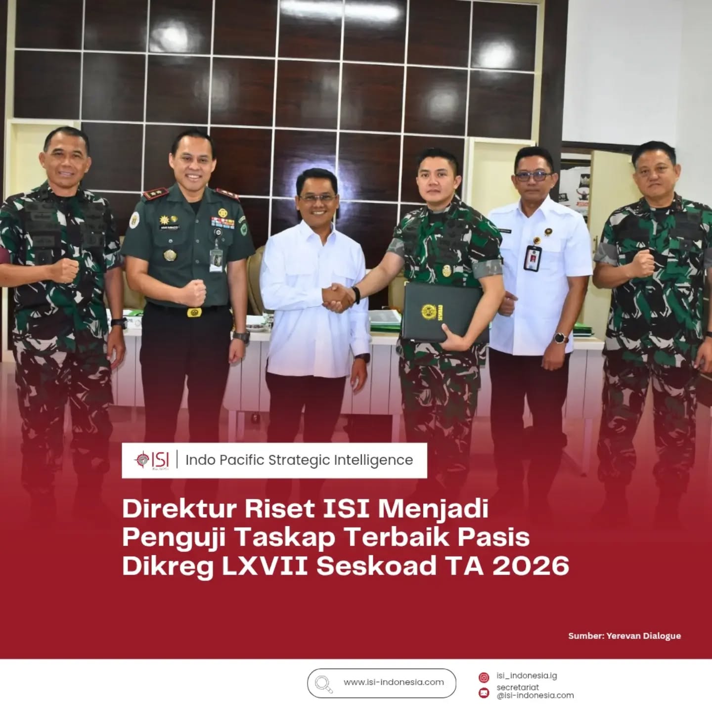 Pada Dikreg LXVII Seskoad TA 2026 yang diselenggarakan pada 11 Mei 2026, Dr. Ian Montratama, S.E., M.E.B., M.Si. (Han), Direktur Riset ISI sekaligus Dosen Hubungan Internasional Universitas Pertamina, diundang sebagai Penguji Taskap Terbaik Pasis Dikreg LXVII Seskoad TA 2026.
Kehadiran beliau juga merupakan bentuk kontribusi akademik dan strategis dalam mendukung pengembangan wawasan serta peningkatan kualitas karya terbaik para peserta didik Sekolah Staf dan Komando Angkatan Darat.
#ISI #Seskoad #Pertahanan #StrategicStudies