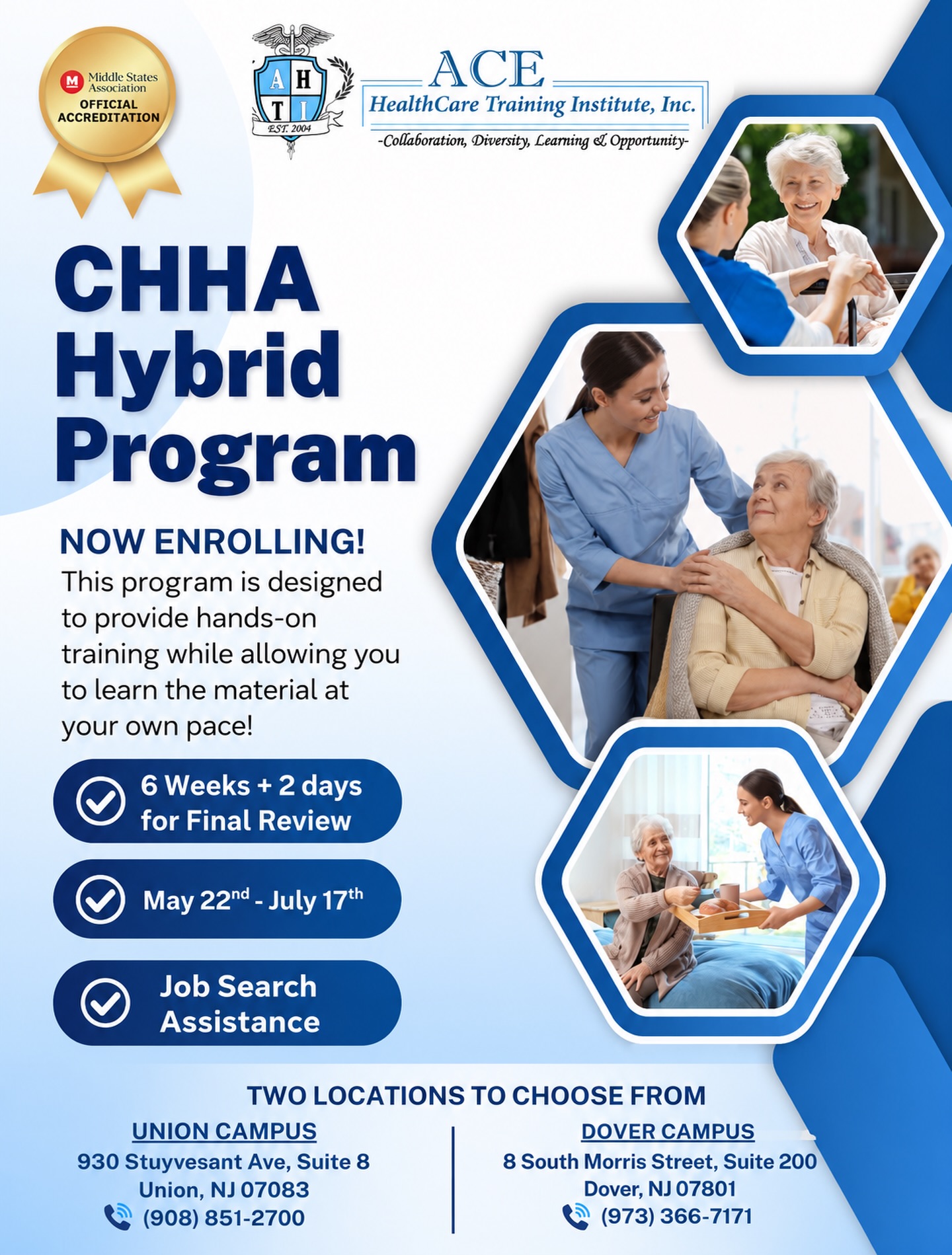 Your future in healthcare starts here š
Our CHHA Hybrid Program is designed to give students the flexibility to learn at their own pace while gaining the hands on training needed for success in the healthcare field.
āļø 6 Weeks + 2 Days for Final Review
āļø Job Search Assistance
āļø Hybrid Learning Format
āļø Union & Dover Campuses
Now enrolling for our upcoming session beginning May 22nd.
Learn more & enroll today: ACEHTI.com
#CHHA #HealthcareTraining #HomeHealthAide #ACEHTI #HealthcareCareers