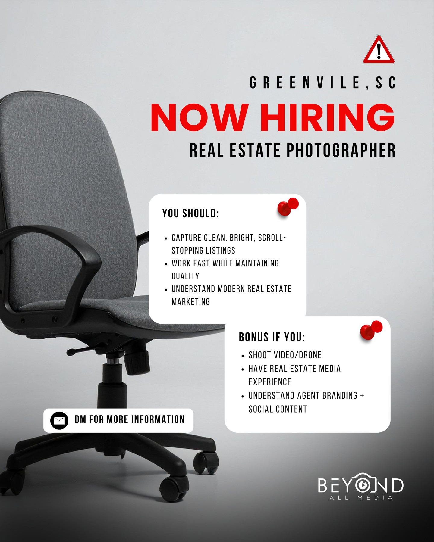 Greenville, SC — we’re hiring. 📸
Beyond All Media is looking for a creative real estate photographer who can deliver clean, scroll-stopping content and help listings stand out online.
Think you’re a fit?
DM us for more information.
#NowHiring #GreenvilleSC #RealEstatePhotographer #PhotographyJobs #BeyondAllMedia