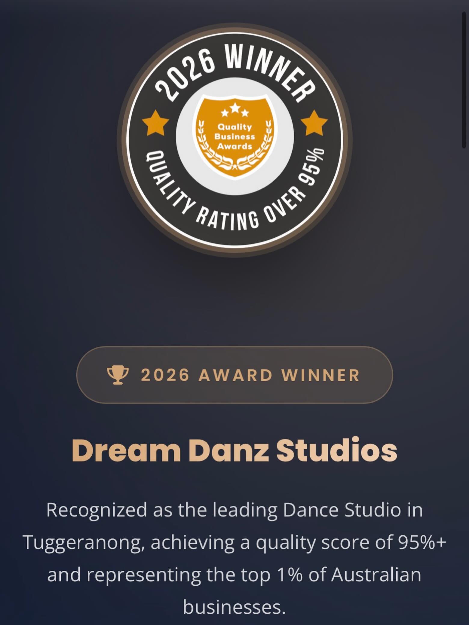 3 years in a rowโฆ what an honour! โจ
So proud that Dream Danz Studios has been recognised as a 2026 Quality Business Award Winner. From our little studio family of 95 students, this achievement wouldnโt be possible without our incredible teachers, supportive parents and our beautiful dance community.
Thank you to the Canberra community for believing in my dream, supporting our studio and helping Dream Danz continue to grow year after year. ๐ฉท