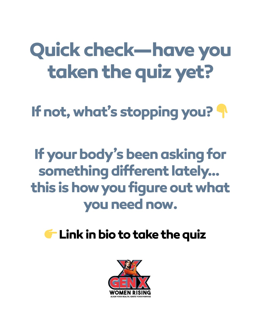 Take the quiz. Seriously. 💛
If your body has been feeling different lately — more tired, less strong, more stressed, or just not quite like yourself — this is a good place to start.
The quiz will help you get clearer on what kind of support you may need right now: movement, strength, sleep, nutrition, structure, or accountability.
It only takes a few minutes, and it might help you stop guessing.
👉 Link in bio to take the quiz.
#MidlifeWomen #WomenOver40 #MenopauseSupport #StrongHerNow #GenXWomenRising