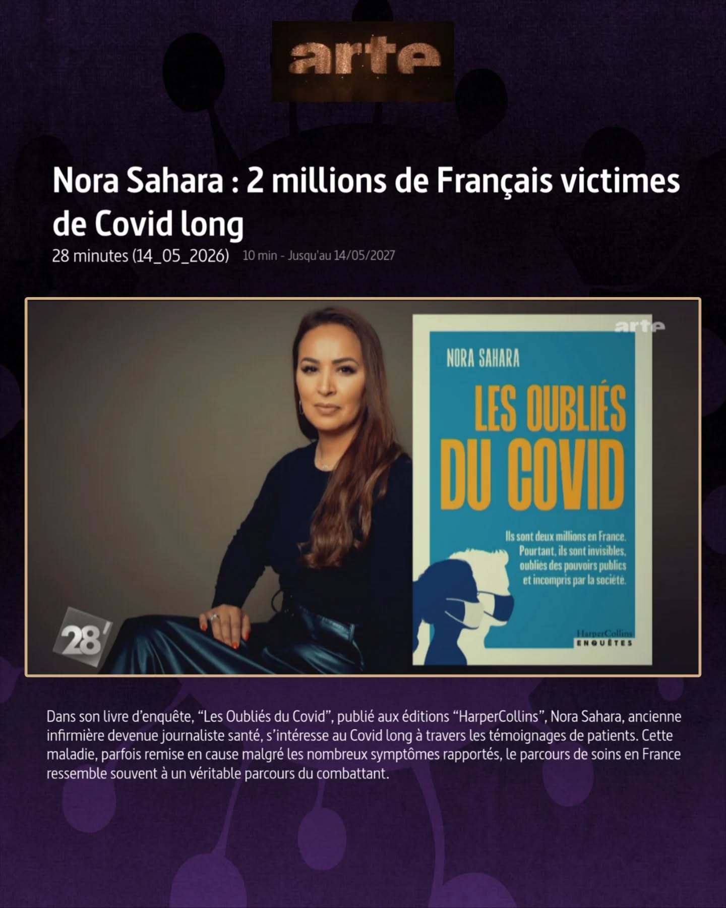 𧔠#CovidLong : « Les oubliés du Covid »
LâĂ©mission 28 minutes sur ARTE consacre un sujet au #CovidLong Ă travers lâenquĂȘte de Nora Sahara , ancienne infirmiĂšre devenue journaliste santĂ©.
đ Dans son livre Les OubliĂ©s du Covid (HarperCollins), elle sâintĂ©resse aux tĂ©moignages de patients confrontĂ©s Ă une maladie qui reste encore mal connue et difficile Ă prendre en charge.
â ïž Beaucoup de patients Ă©voquent encore :
⹠une errance médicale,
âą des difficultĂ©s dâaccĂšs aux soins,
âą un manque de formation sur la maladie,
âą et des parcours souvent longs et complexes.
đŁïž Cette Ă©mission met en lumiĂšre les rĂ©alitĂ©s vĂ©cues par de nombreuses personnes atteintes de #CovidLong et les enjeux de reconnaissance et de prise en charge qui persistent aujourdâhui.
đș « Nora Sahara : 2 millions de Français victimes de Covid long »
Disponible sur ARTE jusquâau 14/05/27
https://www.arte.tv/fr/videos/133286-001-A/nora-sahara-2-millions-de-francais-victimes-de-covid-long/
#LongCovid #SantéPublique
HandicapInvisible ErranceMédicale Apresj20 LoiCovidLong