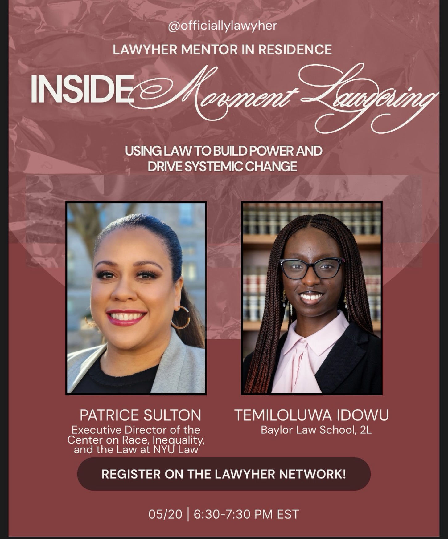 Calling all future movement lawyers, this one is for you! For our next mentor in residence talk, we will be in conversation with a movement lawyher who has seen and done it all! From founding her own nonprofit in DC to leading to Center on Race, inequality, and law at NYU—Patrice Sulton is ready to share her wealth of knowledge with us. Register on the lawyher network for the conversation happening on 5/20!
#lawyher #prelaw #lawschool #movementlawyering #movementlawyer