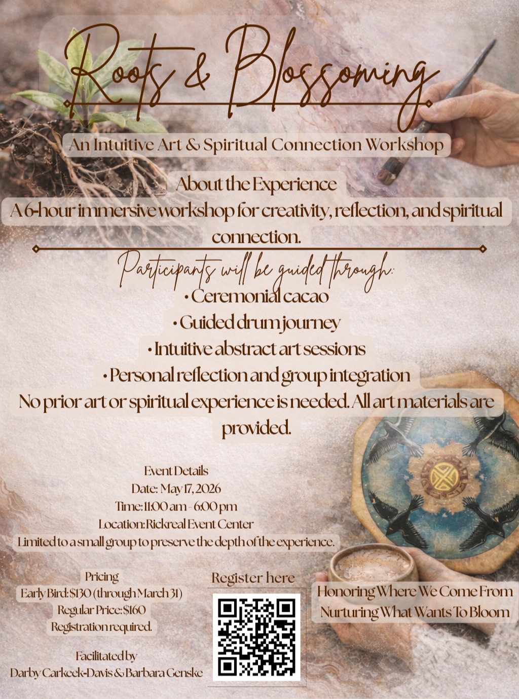 🌸 Last chance to join us for Roots & Blossoming 🌸
As we move into the final days before gathering, we’re feeling so much gratitude for everyone who has already said yes to this experience.
This offering was created as a space to reconnect:
🌿 to your roots
✨ to your creativity
🥁 to your inner wisdom
🌸 and to what is ready to blossom within you
Together we’ll share ceremonial cacao, drum journey, intuitive abstract art, reflection, and connection — while honoring mother energy in all its forms:
Mother Earth,
lineage,
nurturing,
creative life force,
and becoming.
Registration will close Wednesday as we finalize our preparations and close the circle for this intimate gathering.
If you’ve been quietly considering it, this is your gentle invitation 💛
No art experience needed — simply come as you are.
✨ Salem, OR
🌿 Limited spaces remain
🌸 Registration closes Wednesday
DM me with questions or for the registration link.
