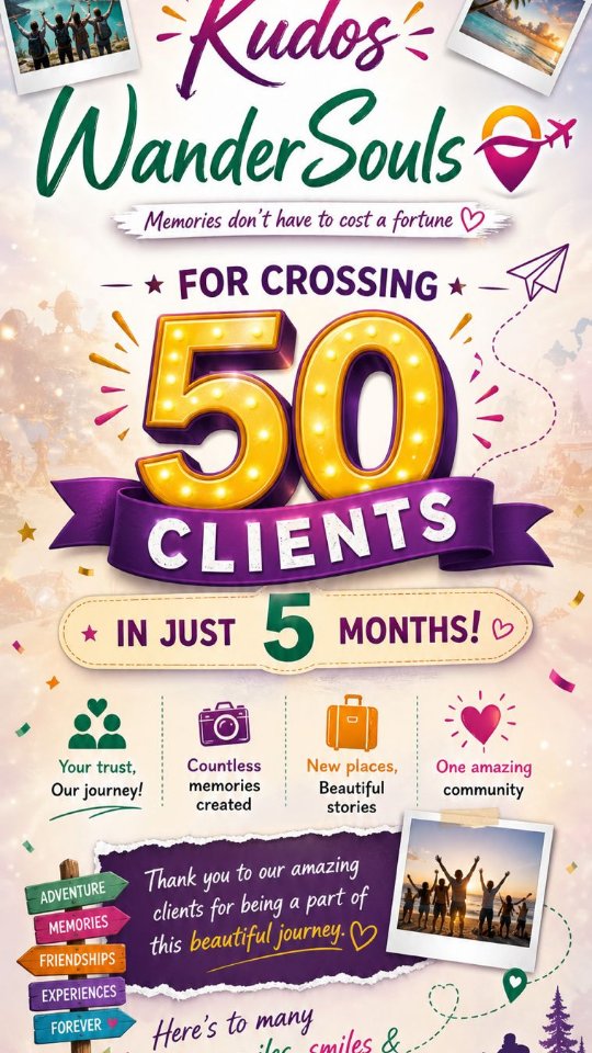 50 travellers. 5 unforgettable months. ✈️💜
We’re beyond grateful to every traveller who chose to explore the world with us, trusted us with their dream journeys, and became a part of the WanderSouls family. From beautiful memories to lifelong friendships — this is only the beginning. 🌍✨
Here’s to many more miles, smiles & adventures together! 💫
#WanderSouls #TravelMemories #DreamTravels #TravelCommunity #WanderWithUs