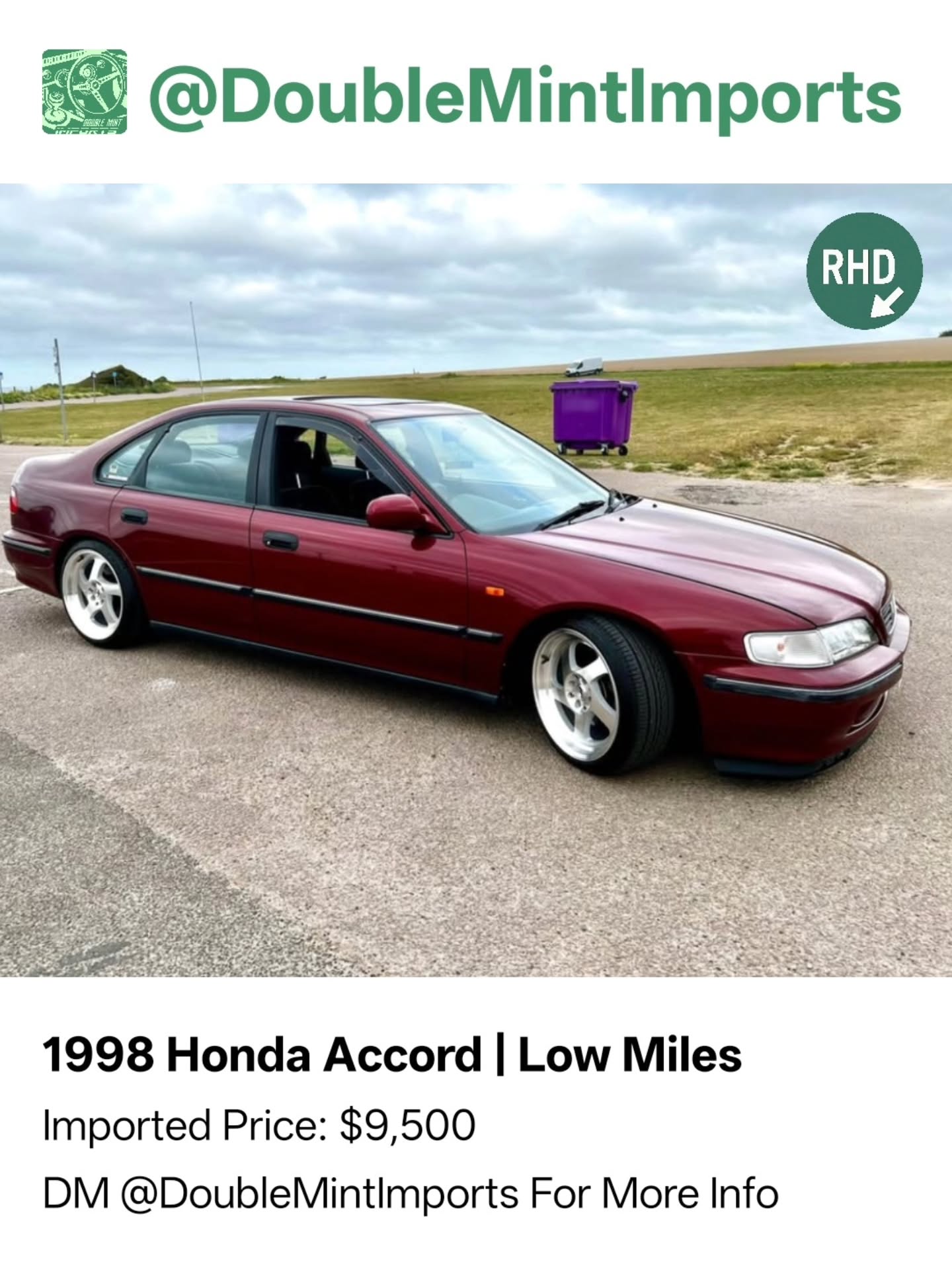 1998 Honda Accord | Low Miles
Shipped Price(UK to NY): $9,500
(Includes All Fees: Conversion rate to USD, Shipping, Customs, UK Taxes and Admin Fees)
Mileage: 46,000
SELLERS DESCRIPTION:
1998 Honda Accord Auto \u00b7 Sedan \u00b7 Driven 46,000 miles
2.0L non vtec f20 engine. Bombproof reliability. Full service history, flawless MOT pass, one of the cleanest examples around. Some minor paint touch ups needed. Would be a great show car or daily cruiser, ULEZ compliant and does about 30mpg.
Aftermarket coilovers
Japan racing alloys
Aftermarket pioneer speakers and twin sub unit in boot.
Fresh front tyres.
All brake pads changed recently.
Brand new pioneer era appropriate looking head unit with Bluetooth
Cold air intake
Some aftermarket exhaust work
Low profile tyres
Imported OEM spoiler to come with the car boxed separately
Random Quote: "Zero to adventure in seconds."
****DM US FOR MORE INFO****
DVLA VEHICLE DATA:
Reg: S625 CJK
Make: HONDA
Model:
Colour: RED
Fuel: PETROL
Engine CC: 1997
Tax Status: Taxed
DVLA MOT(aka Inspection) (last 2):
• 2025-07-02 • PASSED • Exp: 2026-08-01 • Odo: 39134 MI
✓ No recorded defects
• 2024-07-10 • PASSED • Exp: 2025-08-01 • Odo: 36444 MI
• Advisory: Nearside Front Tyre worn close to legal limit/worn on edge (5.2.3 (e))
• Advisory: Offside Front Tyre worn close to legal limit/worn on edge (5.2.3 (e))
#honda #accord #lowmiles