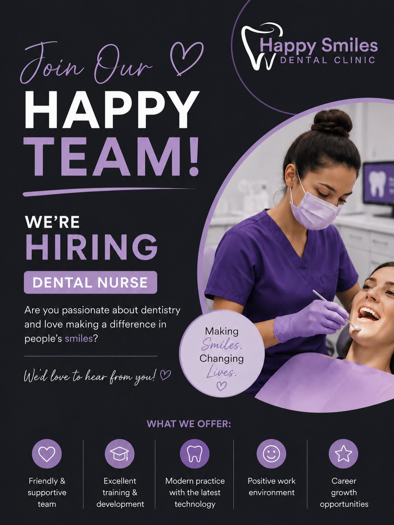 ✨ WE’RE HIRING ✨
Happy Smiles Dental Clinic is looking for a friendly, passionate Dental Nurse to join our growing team 💜🦷
If you love creating positive patient experiences and want to work in a supportive, modern practice — we’d love to hear from you!
📩 Send your CV via DM or email us today👇🏼
info@happysmiles.dental
#DentalNurse #HiringNow #DentalJobs #HealthcareJobs #dentalclinic