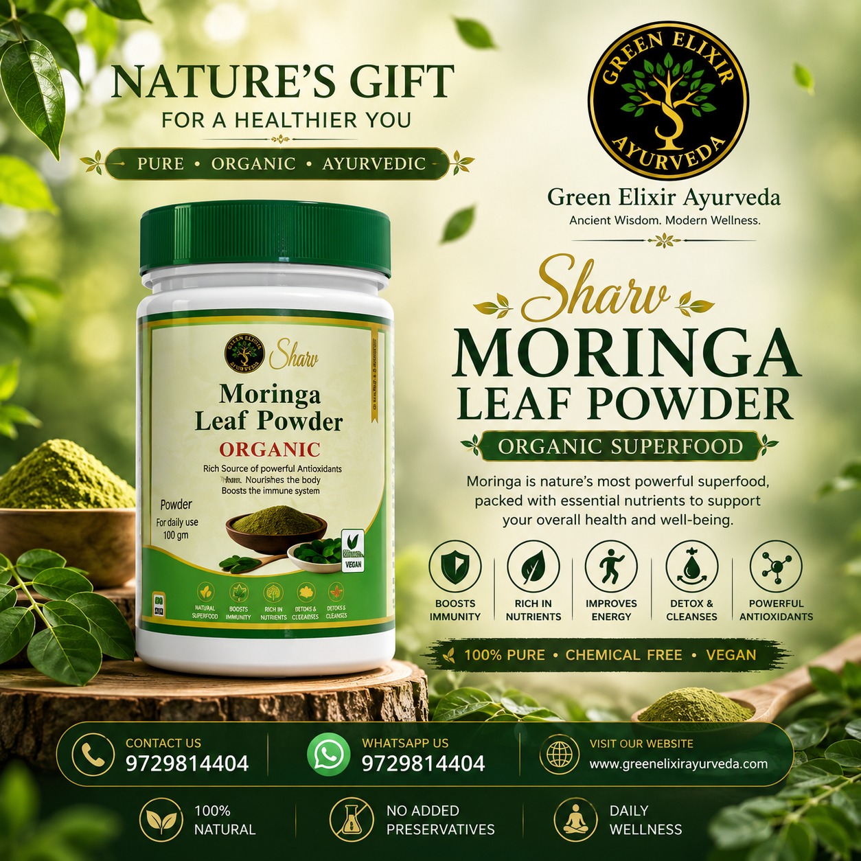 Looking for a natural superfood for your daily wellness routine? 🌱
Sharv Moringa Leaf Powder by Green Elixir Ayurveda is a powerful organic supplement loaded with antioxidants, vitamins, minerals & essential nutrients to support your overall health naturally.
💚 100% Pure & Organic
💚 Chemical Free
💚 Vegan Friendly
💚 Daily Wellness Support
Add the goodness of moringa to your everyday lifestyle and feel naturally energized.
📦 Order Now
📲 WhatsApp: 9729814404
#Moringa #MoringaPowder #OrganicLifestyle #Ayurveda #HealthyLiving #Superfood #ImmunityBooster #NaturalHealth #GreenElixirAyurveda #OrganicProducts #Detox #WellnessJourney #HealthyLifestyle #VeganIndia #AyurvedicProducts #FitnessIndia #HolisticHealth #NaturalHealing #DailyNutrition #OrganicWellness #HerbalLife #HealthTips #PlantBased #AyurvedicWellness #NatureHealing #CleanLiving #IndianBrands #WellnessIndia #HealthyChoices #nutritionist