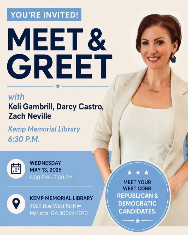 Join me tomorrow for a meet and greet with fellow West Cobb candidates at the Kemp Memorial Library at 4029 Due West Rd NW in Marietta on May 13 at 6:30 pm!