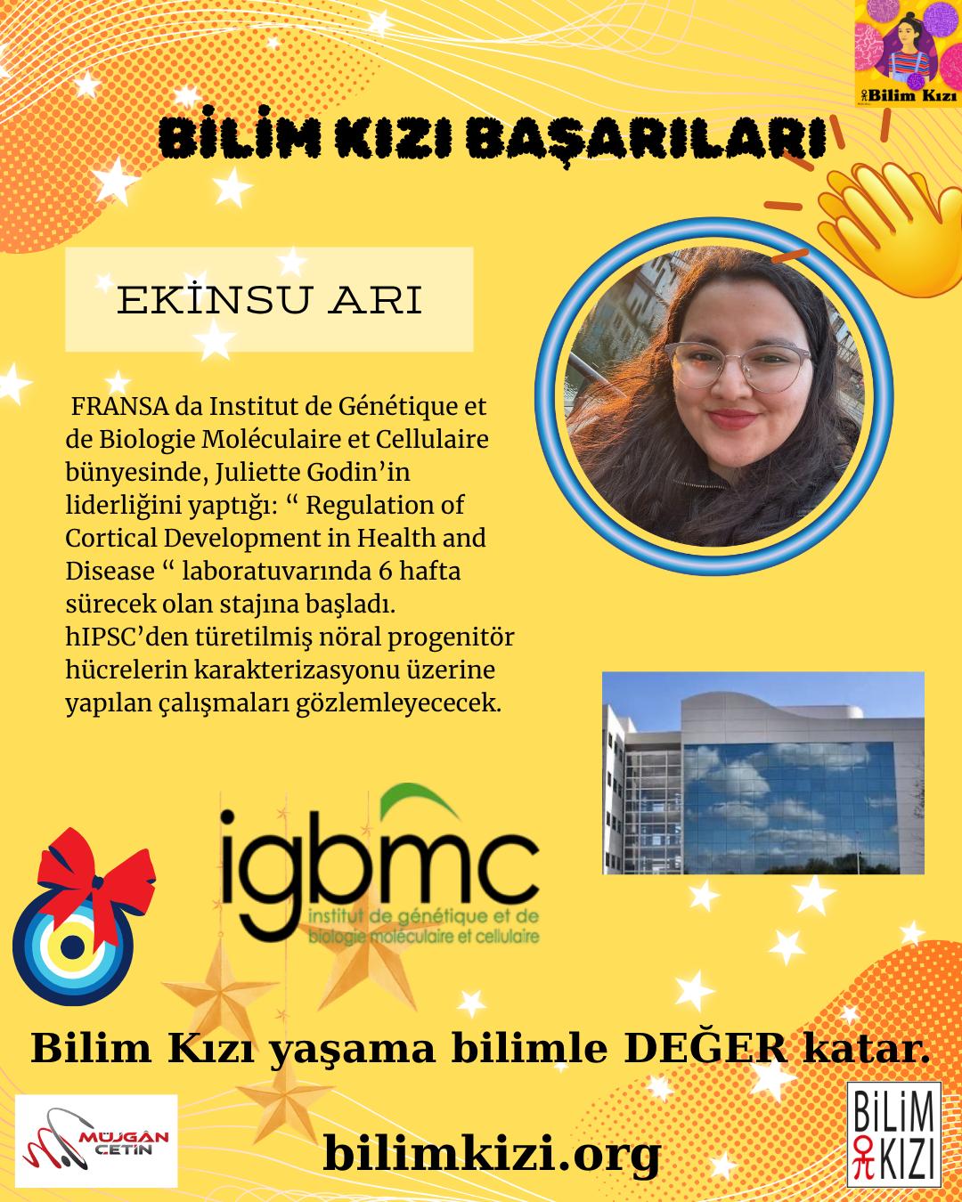 Sizlere daha önce @bilimkiziorg @ekinsuari_ nın Erasmus+ programı kapsamında Strasbourg Üniversitesi'nde HAREKETLİLİK programı başarısından bahsetmiştim. Şimdi de bilimsel çalışmalarına devam başarısını duyurmak istiyorum.
IGBMC (INSTITUTE OF GENETICS AND MOLECULAR AND CELLULAR BIOLOGY) bünyesinde, Juliette Godin’in liderliğini yaptığı: Regulation of Cortical Development in Health and Disease laboratuvarında 6 haftalık stajına başladı. Bu staj süresince, hIPSC’den türetilmiş nöral progenitör hücrelerin karakterizasyonu üzerine yapılan çalışmaları gözlemleyecek.
Ne gurur verici değil mi? Siz de benim gibi mutlulukla EKİNSU'yu alkışlayın lütfen...
