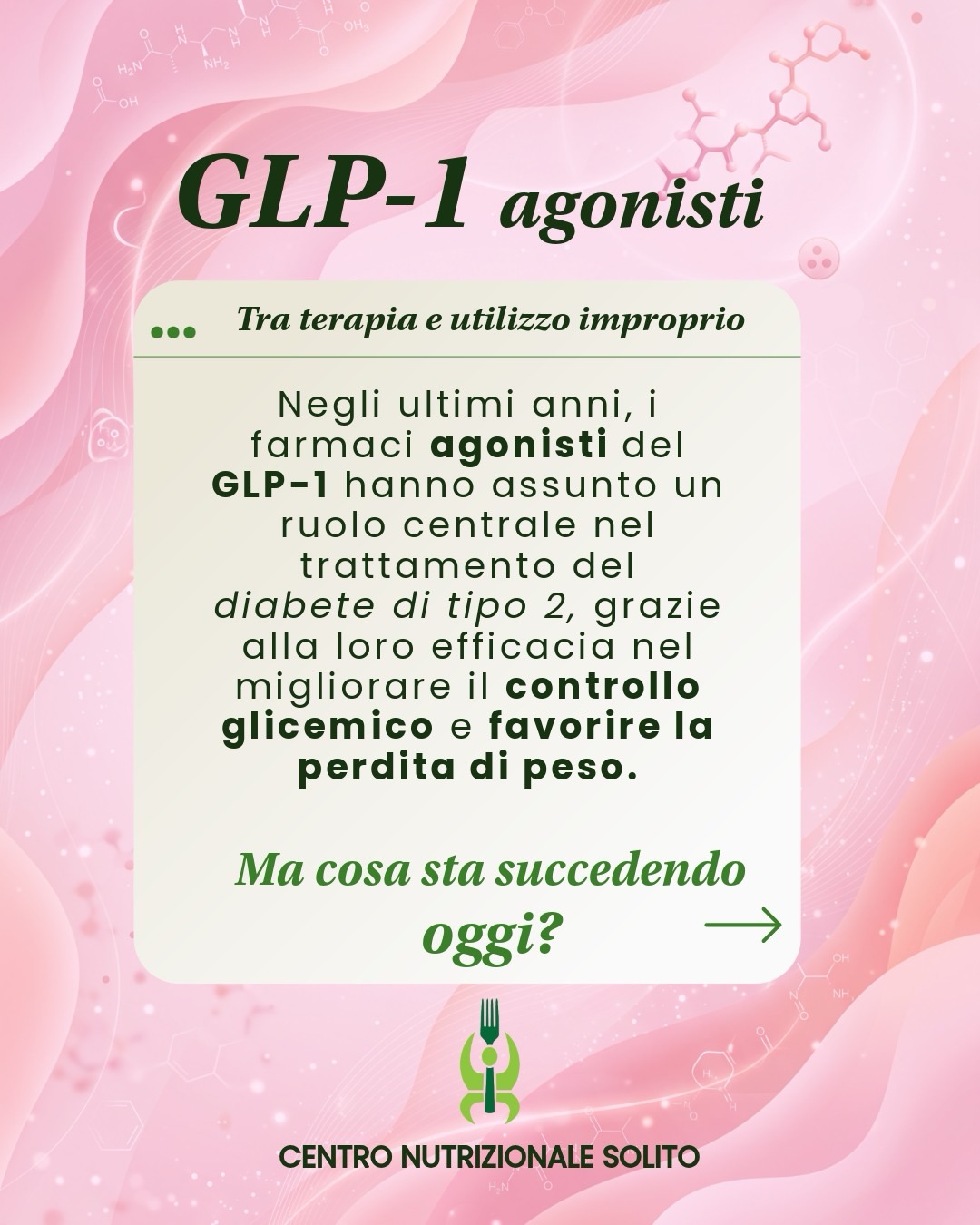 GLP-1 agonisti: tra terapia e utilizzo improprio❗️
Negli ultimi anni, i farmaci agonisti del GLP-1 hanno assunto un ruolo centrale nel trattamento del diabete di tipo 2, grazie alla loro efficacia nel migliorare il controllo glicemico e favorire la perdita di peso.
📝Ma cosa sta succedendo oggi?
L’utilizzo di questi farmaci è cresciuto in modo esponenziale, con un aumento fino al +700% anche in persone senza diabete.
Questo fenomeno sta contribuendo a uno spostamento del focus:
👉 dall’educazione alimentare
👉 alla sola terapia farmacologica
con un crescente utilizzo anche in assenza di reali indicazioni cliniche.
📎Il ruolo della nutrizione resta centrale:
Dal punto di vista nutrizionale, è importante considerare che una perdita di peso non adeguatamente supportata può comportare una riduzione della massa muscolare.
Nel lungo termine, questo può contribuire a:
• aumento dei processi infiammatori legati all’età, contribuendo in modo significativo all’invecchiamento biologico e allo sviluppo di malattie croniche.
• riduzione della densità ossea
• maggiore rischio di osteopenia e osteoporosi
Un’alimentazione bilanciata, associata a un adeguato apporto proteico e a uno stile di vita attivo, rappresenta un elemento fondamentale anche nei pazienti in terapia farmacologica, contribuendo a preservare la massa muscolare e il benessere metabolico.
⚠️L’utilizzo e la prescrizione di questi farmaci, è sempre necessario il confronto con il proprio medico.
L’educazione alimentare resta il pilastro fondamentale per la salute, la prevenzione e la longevità.
#solitonutrizione #glp1 #integrazione