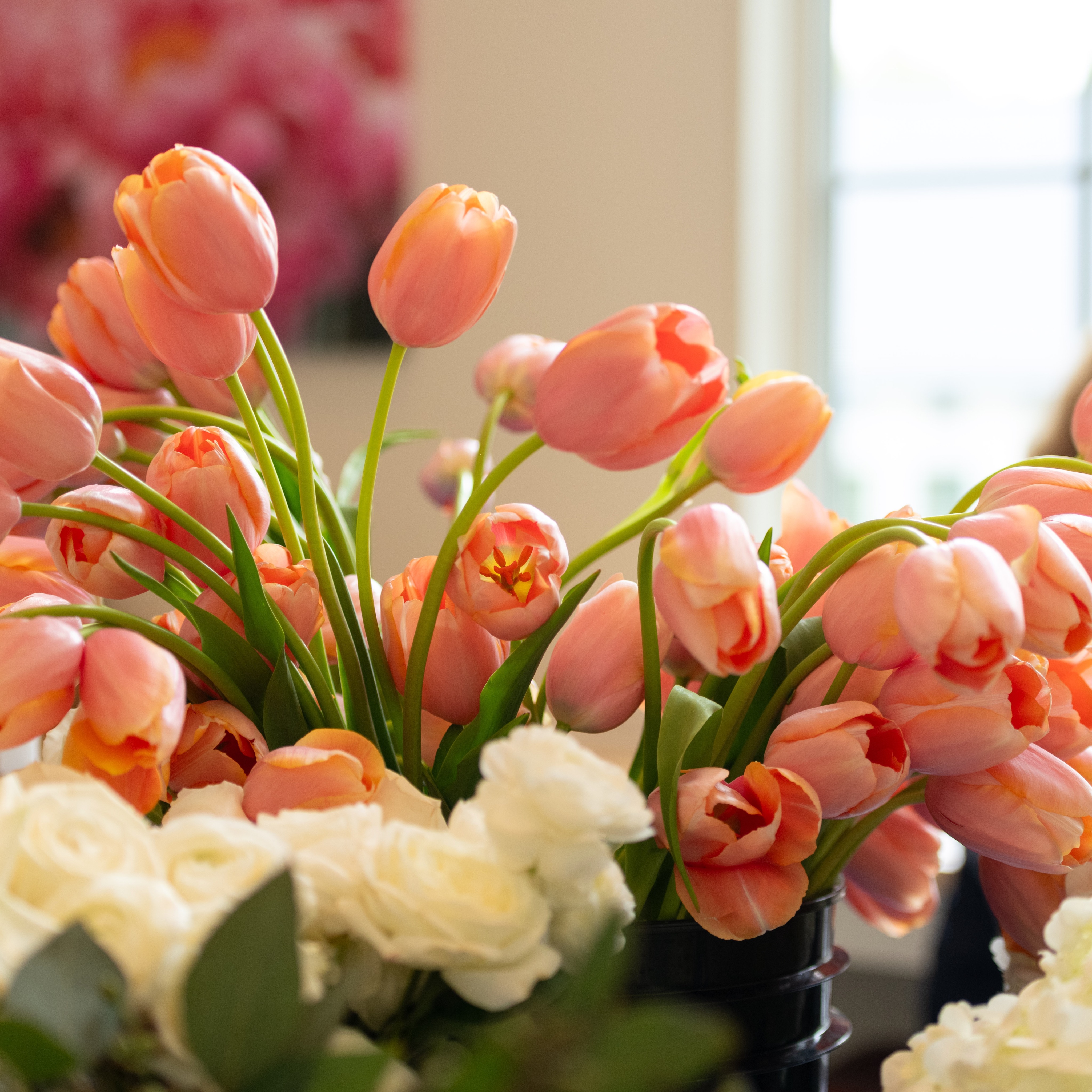 Loved this Spring color combination - peach, blue and green. Thanks to the Rhein family for donating these beautifully created florals designed by @studio_blush for Laura and John's wedding reception last weekend. They were combined with lots of coral peonies to create the best bedside arrangements for the patients at Ludlowe Nursing Care & Rehabilitation Center who are still enjoying them. @l_c_rhein @johnga2 @coll.it.entertaining @weeburncc