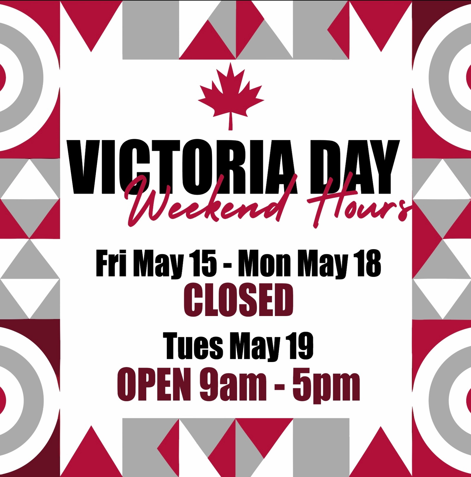 We’re closed from Fri May 15 - Mon May 18 for the Victoria Day long weekend and we’ll be back open at our regular hours on Tues May 19!