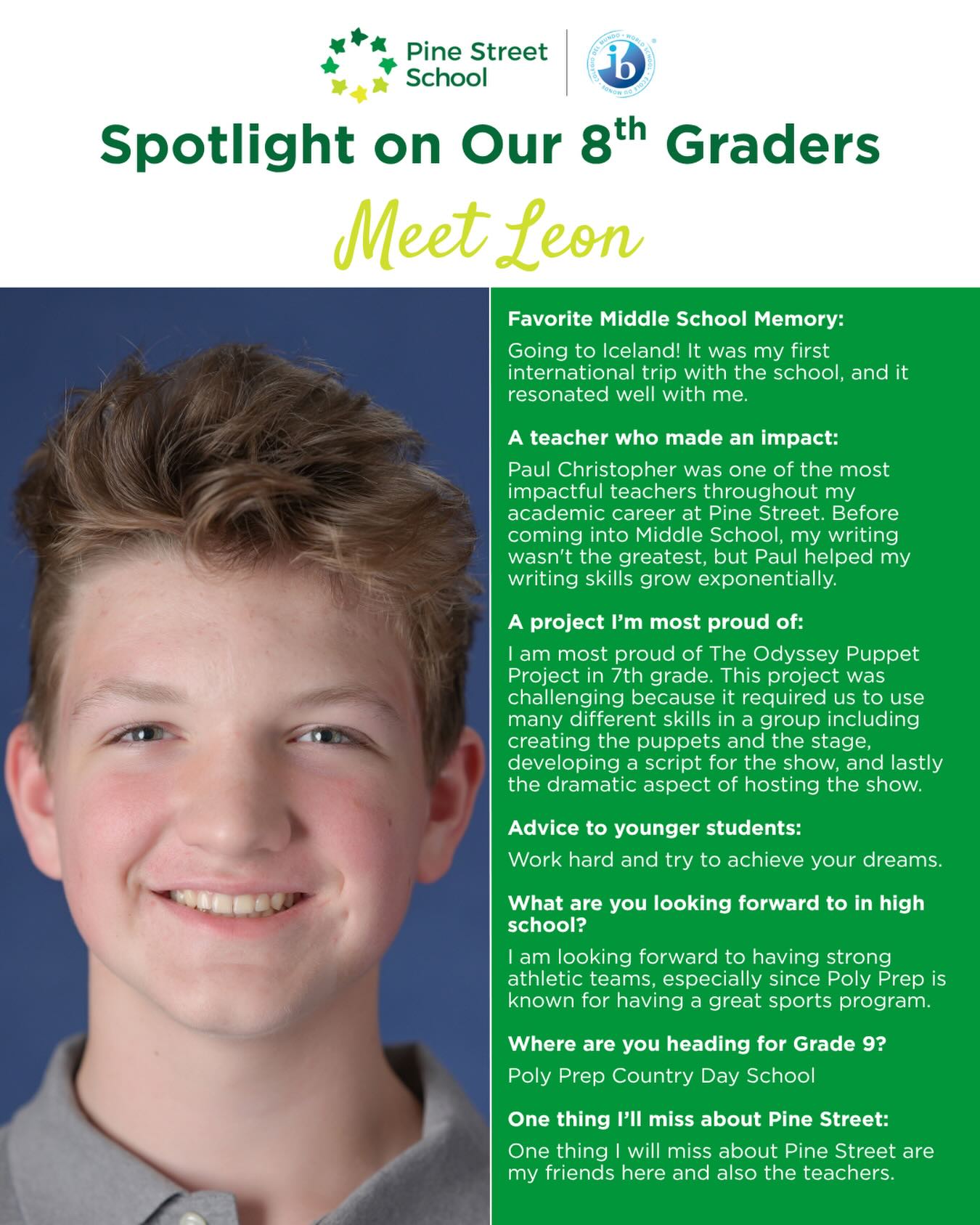 From Iceland trips to classic literature puppet shows - this Pine Street grad has done it all. We’re so proud of the curiosity, creativity, and hard work you’ve brought to Middle School. We can’t wait to see what you accomplish at Poly Prep and beyond! #PineStreetProud #Classof2026 #MiddleSchoolGrad