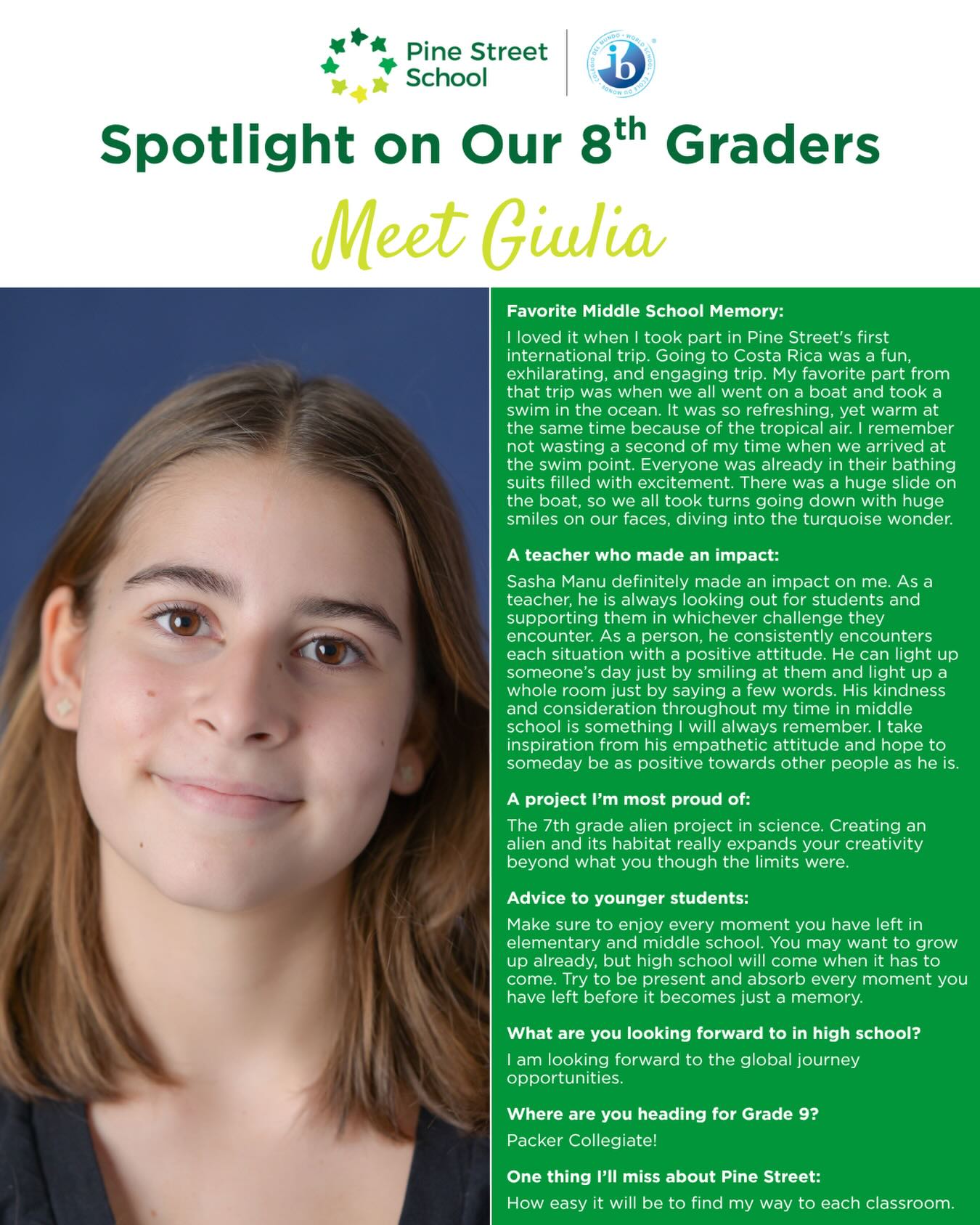 Ocean dives in Costa Rica, alien worlds in science class and a community they’ll never forget. This Pine Street grad is heading to Packer Collegiate and we couldn’t be more proud! Congratulations 💚 #PineStreetProud #MiddleSchoolGrad #packercollegiateinstitute