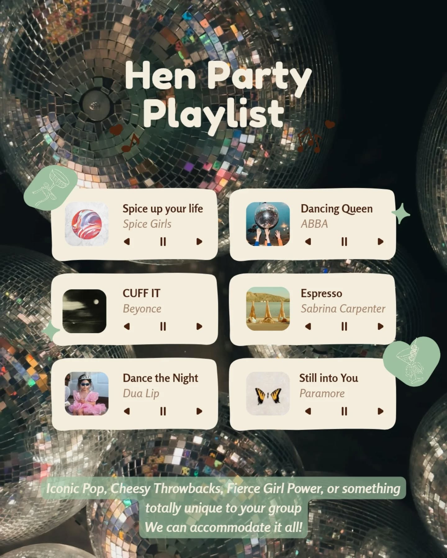 🪩 Friday Inspo 🪩
Can't think of your hen party anthem?
Here are some of our top suggestions to help you out!
From Throwbacks to Fierce Girl Power Hits
Some may say the hen do is even more important than the wedding - why not celebrate with a fun routine designed to be uplifting, lively and a guaranteed party starter ✨
Does your friend group have an iconic song that just screams you?
Let us know and we will work our magic!
All dances are bespoke to your group. Any ability - just bring your enthusiasm 💃🏻
💌DM us to enquire about your booking
🪩Head to our website to see what else we have to offer
#choreobyg #hendodevon #henpartyinspiration #fridayinspo #devonchoreography