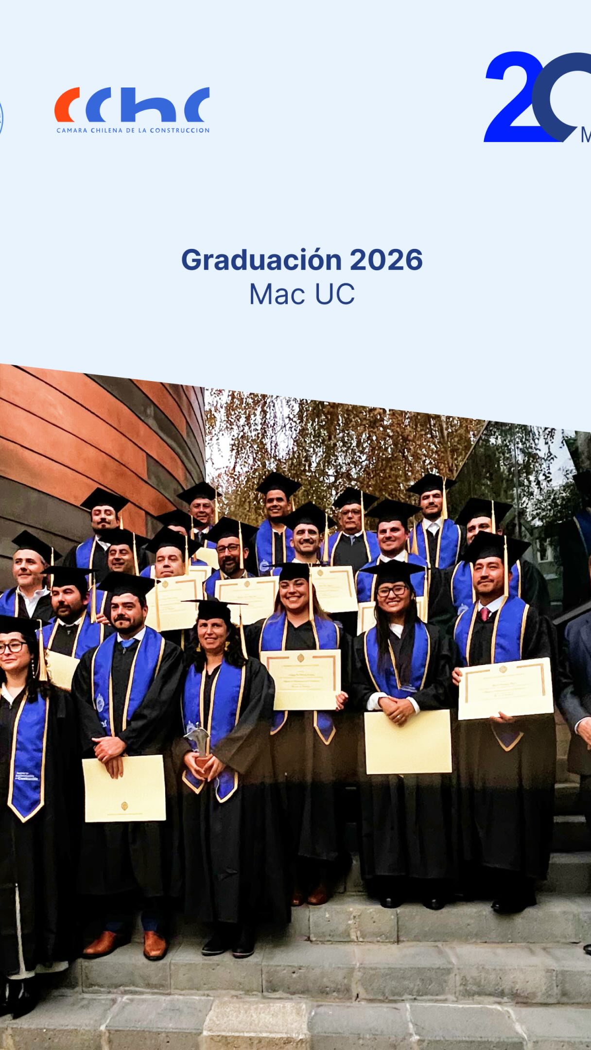 🎓✨ ¡Felicitaciones Graduados MAC UC!
El pasado 13 de mayo celebramos una nueva Ceremonia de Graduación del Magíster en Administración de la Construcción, en un año muy especial en que conmemoramos 20 años desde la creación del programa.
Hoy reconocemos su esfuerzo, perseverancia y compromiso. Como egresados, llevan un sello interdisciplinario único que los posiciona como protagonistas del desarrollo de la industria, gracias a la valiosa articulación entre la academia y la industria con el respaldo de la Escuela de Ingeniería UC (@escueladeingenieriauc ), la Facultad de Arquitectura, Diseño y Estudios Urbanos UC (@fadeu.uc ) en conjunto a la Cámara Chilena de la Construcción (@camarachilenadelaconstruccion )
👏 Felicidades a nuestras graduadas y graduados:
David Bitrán Pérez, Manuel Blanco, Leonardo Campos Medina, Katty Carbajal Dávila, René Cartés Sarabia, Gonzalo Castillo Quezada, Francisco Doizi Vergara, Karina González Tabilo, Angel Hernández Hernández, Moisés Méndez González, Gabriel Millones Del Castillo, Marcelo Navarrete González, Raimundo Pérez Infante, Rodrigo Pombo Acuña, Jessica Riquelme Retamal, Gustavo Rodríguez Requiz, Sebastián Rojas Favi, Yonatan Rojas Céspedes, Nicolás Salinas Roa, Juan Carlos Sandoval Castañeda, Juan Pablo Santander Chihuán, Rodrigo Saud Lagos, Nicolás Valdés Flores, Nathaly Vildósola Contreras, Cristián Villalobos Henríquez, Carla Vivallos Cid, Felipe Valdivia Santander, Matías Ovando Cortés, Raimundo Prado Alcalde.
🏅 Recibieron distinciones:
* Karina González Tabilo – Excelencia Académica
* Sebastián Rojas Favi – Mejor Proyecto
💙 Bienvenidos a la red de egresados MAC UC. ¡Estamos orgullosos de ustedes!
#MACUC #Graduación #Construcción #Ingeniería #Arquitectura Liderazgo 20AñosMACUC