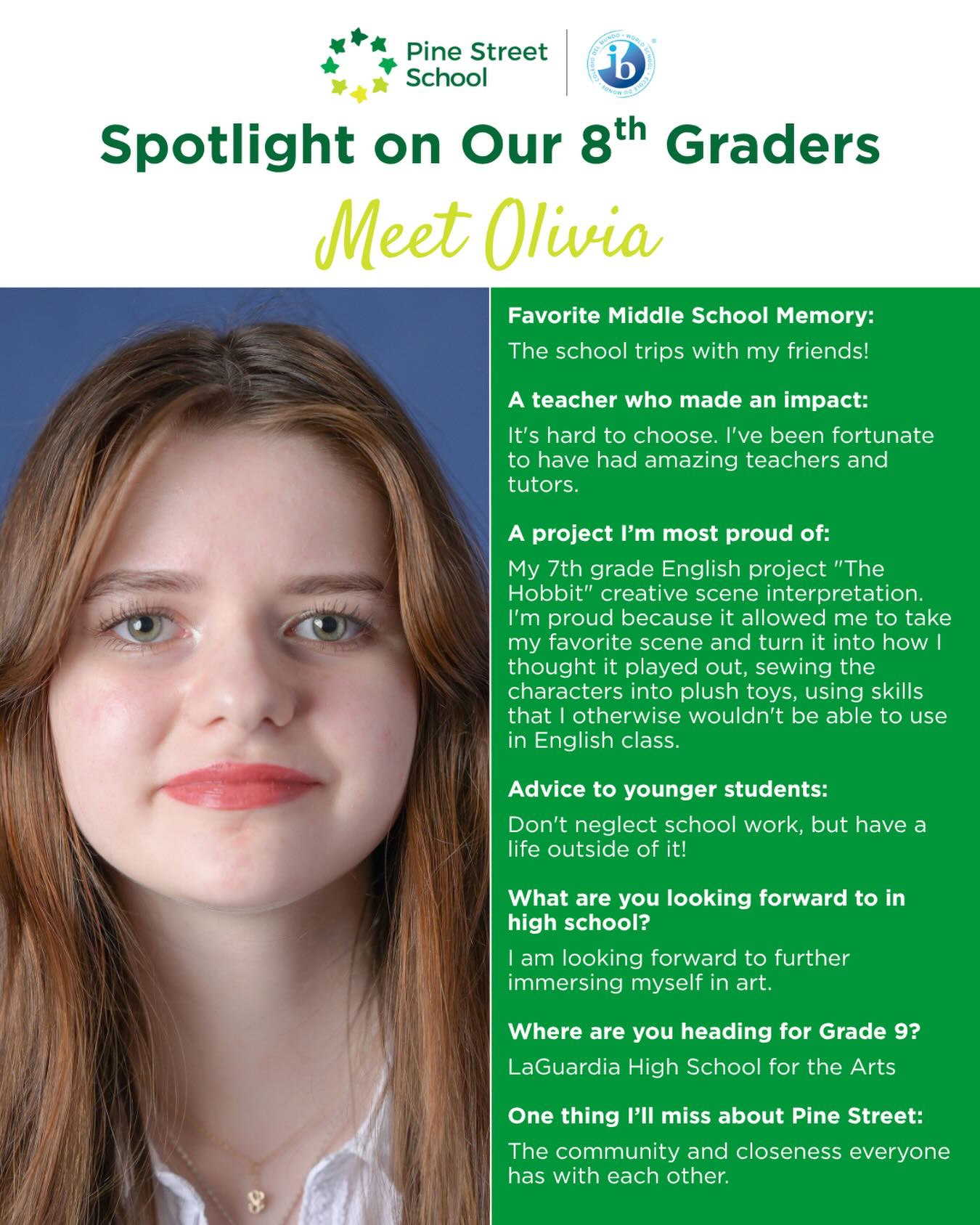Founding family. Artist 🎨. Pine Street graduate. This one has been with us since the very beginning, and we couldn’t be prouder to send her off to LaGuardia High School for the Arts. Congratulations! 💚 #PineStreetProud #MiddleSchoolGrad #Classof2026 #laguardiahighschool