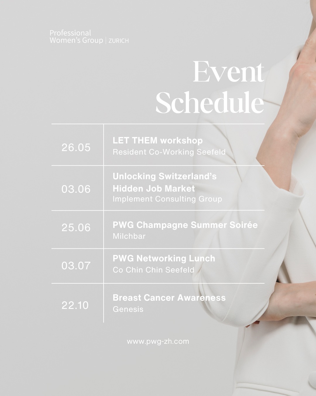✨ Build meaningful connections. Learn from inspiring women. Grow your network in Zurich. ✨
The upcoming events from the Professional Women’s Group Zurich are designed to empower, connect, and inspire ambitious women across industries. From career growth workshops to networking soirées, each gathering offers an opportunity to learn, collaborate, and build lasting professional relationships.
📍 Upcoming PWG Zurich Events:
26.05 Let Them! Break Free from Approval & Step Into Your Power To Become Unstoppable
03.06 Unlocking Switzerland’s Hidden Job Market
25.06 PWG Champagne Summer Soirée
03.07 PWG Networking Lunch Co Chin Chin
22.10 Breast Cancer Awareness Event
Whether you’re expanding your career opportunities, seeking a supportive community, or simply looking to meet like-minded professionals, PWG Zurich is the place to be.
Join the conversation. Expand your circle. Elevate your journey.
🌐 www.pwg-zh.com
