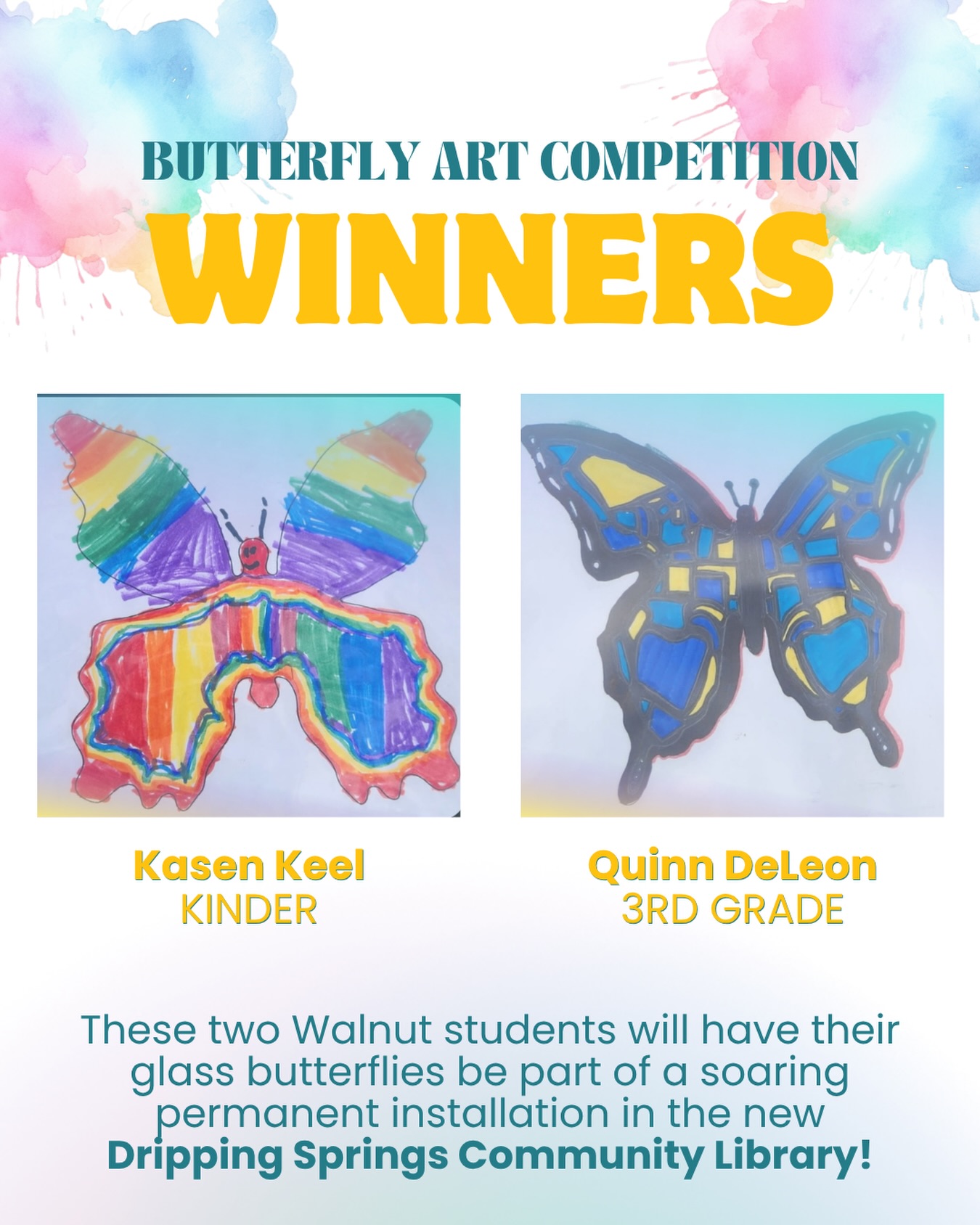 🏆 🦋 Congratulations to Kasen and Quinn, the winners of the WSE Butterfly Art Contest!
These students have been invited to participate in the Dripping Springs Community Library (DSCL) Butterfly Project, a cornerstone of the fundraising campaign for our new library facility. On Sunday, June 7th, they will attend a design workshop led by celebrated artist Carlyn Ray.
Their creative visions will be translated into glass butterflies that will eventually be part of a soaring permanent installation in the new library building, which is a symbol of the growth and transformation of our community.
We are incredibly proud to see our @wsestiger students’ art become a lasting part of Dripping Springs history. Congratulations, Kasen and Quinn! 🏆 🦋