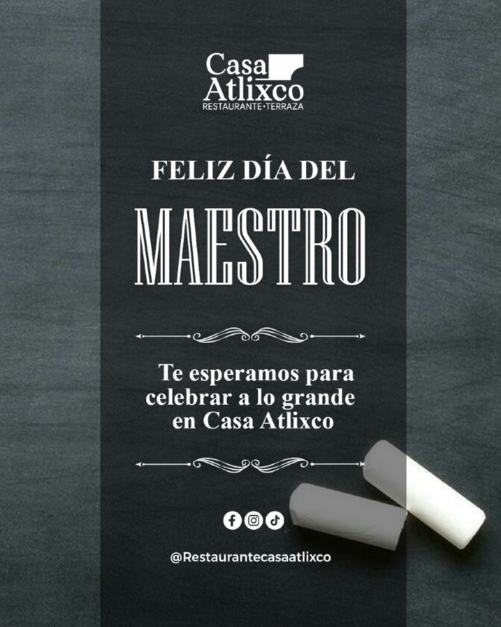 🍎✨ Hoy celebramos a quienes dejan huella para toda la vida. 👩🏫📚👨🏫
Este Día del Maestro, te esperamos en Casa Atlixco para celebrar a lo grande con un delicioso desayuno 🥞☕ o una comida especial 🍽️🌿 en nuestra terraza y portales. 💛✨