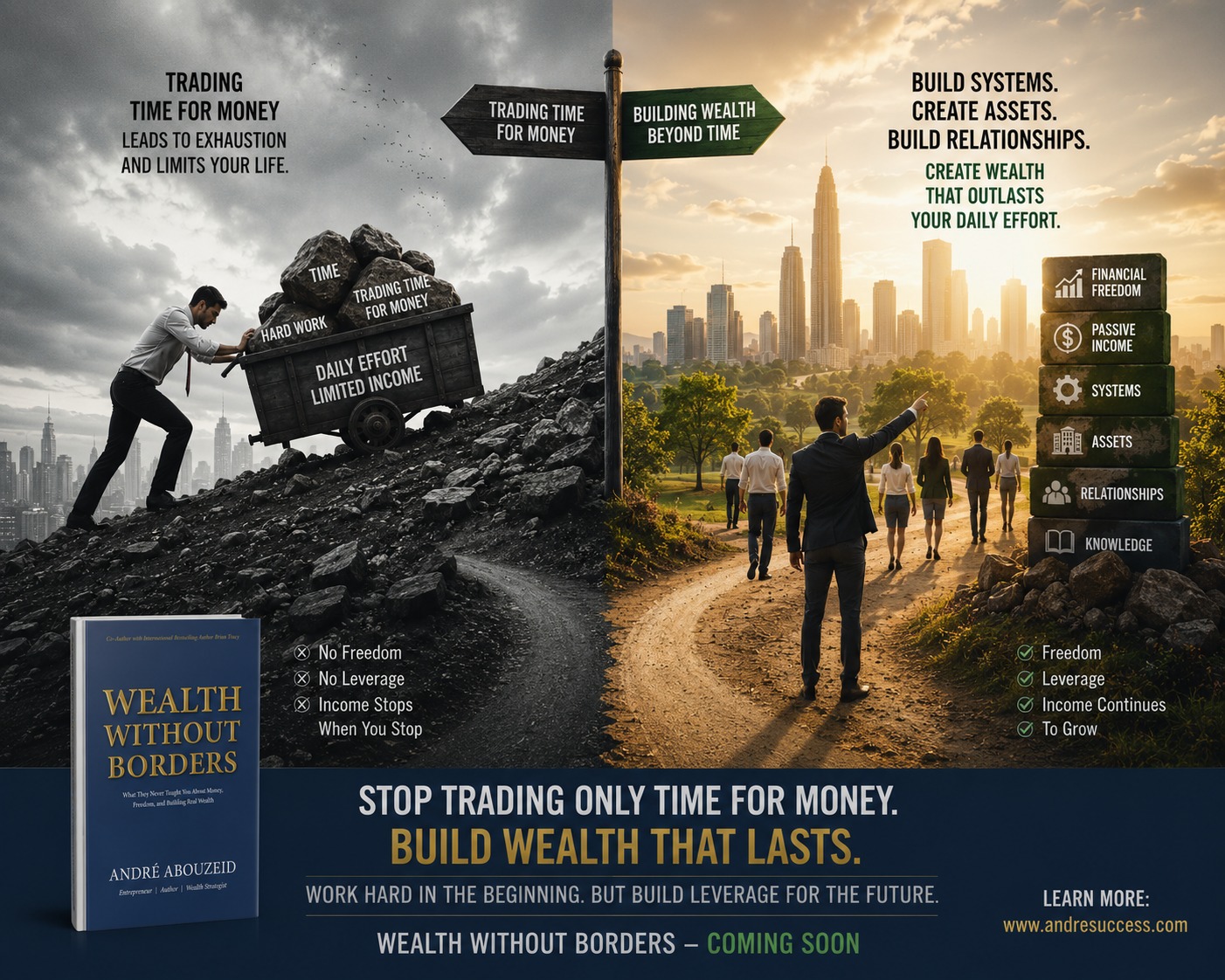 STOP TRADING ONLY TIME FOR MONEY
Hard work matters.
But if your income stops every time you stop working, eventually burnout catches up with you.
Real wealth begins when you build leverage.
Systems.
Relationships.
Ownership.
Long-term thinking.
That is where freedom begins.
Coming soon: Wealth Without Borders
Visit: www.andresuccess.com
#FinancialFreedom #WealthBuilding #Entrepreneur #PassiveIncome #Leadership #BusinessGrowth #Mindset #Success #WealthWithoutBorders #AndreAbouzeid