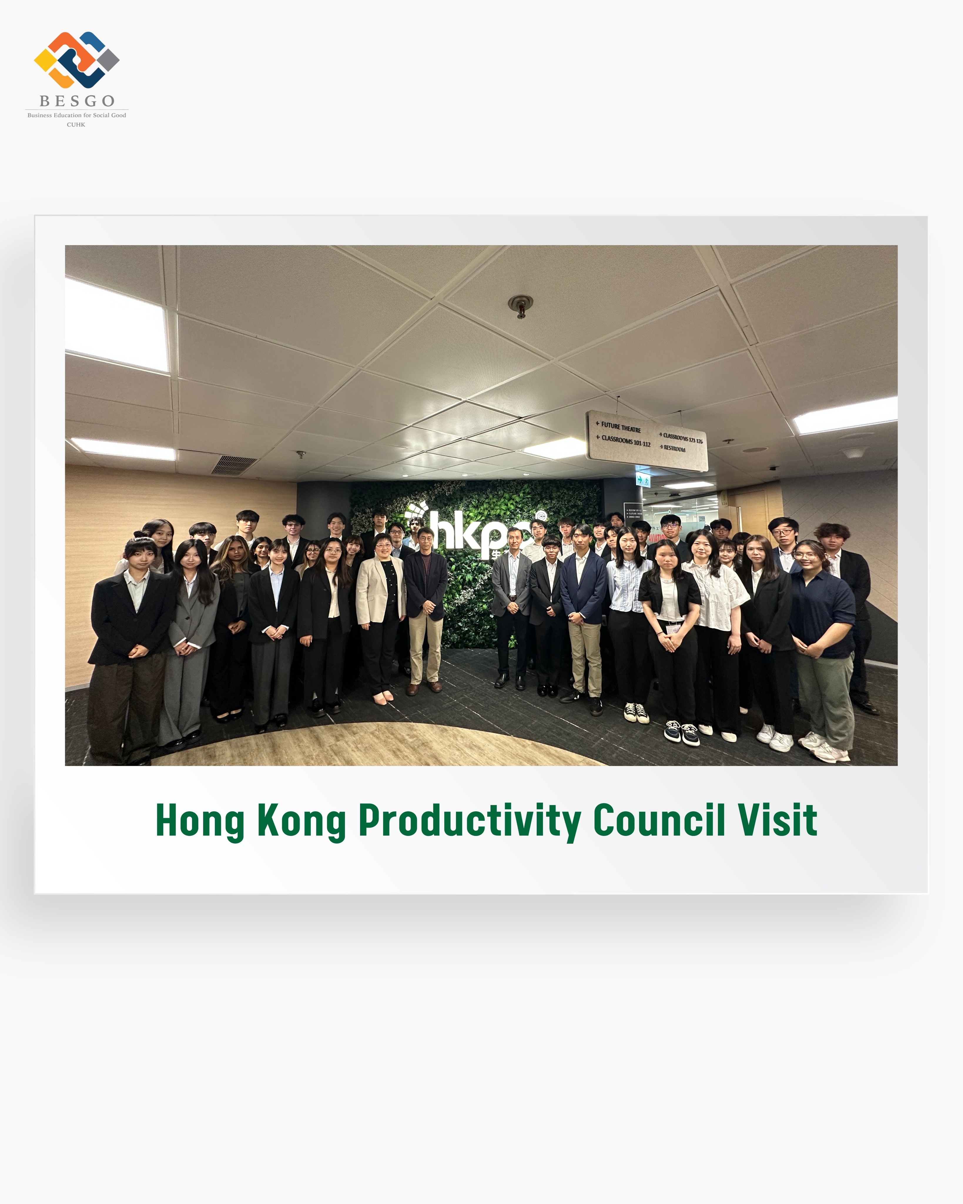 Exploring sustainability and innovation at HKPC 🌱
As part of the Responsible Business Workshop (RBW) 2026, students visited the Hong Kong Productivity Council (HKPC) to learn more about sustainability, innovation, and industry support in practice.
The visit began with a sharing session hosted by Ms. Tracy Zhou, Associate Principal Consultant of Carbon and ESG Solutions, Green Living and Innovation Division at HKPC. The session introduced students to key ESG concepts and global sustainability trends.
Students also visited different HKPC facilities and laboratories, gaining first-hand exposure to practical applications of green technology, circular economy, environmental monitoring, and innovation for sustainable business practices.
Our sincere thanks to Ms. Tracy Zhou and the HKPC team for their warm welcome, thoughtful sharing, and well-arranged visit.
Stay tuned for more RBW 2026 updates! ✨
#CUHKBusinessSchool #RBW2026 #ResponsibleBusinessWorkshop #BESGO #HKPC #Sustainability #ESG #ResponsibleBusiness #ExperientialLearning #Innovation #SocialGood