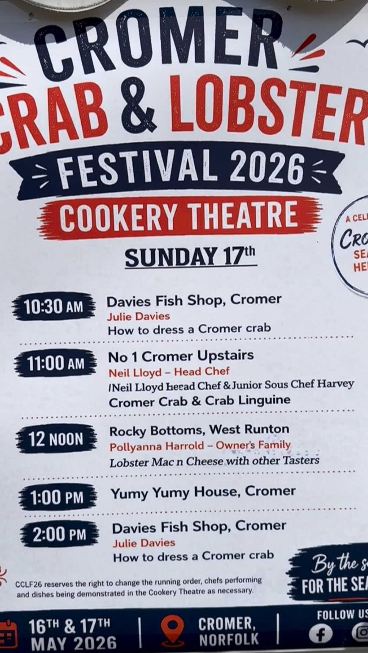 🦀 🦞 Friday evening marked the start of the 2026 Crab & Lobster Festival weekend in Cromer. 🦞 🦀
As always, we’ve made sure The Bistro is well stocked with plenty of fresh Cromer crab — and with it being 10 years since we last made our Cromer Crab Bisque for the festival, it felt like the right time to bring it back for the weekend. 🥣
The evening began at Cromer Pier for the opening concert at the Pavilion Theatre, featuring performances from Olly Day, Marlene’s School of Dance, Dale Bullimore and The Old Wild Rovers rounding off the night.
Saturday’s festivities started from 10am on Evington Lawns behind Crabstix Crazy Golf, with a full day of cooking demonstrations and crab dressing.
First up was Cromer royalty Julie Davies, joined by her son John, demonstrating the proper way to dress a Cromer crab.
👨🍳 Next came Dan Herbert cooking halibut with brown shrimps and a lobster Caesar salad that features on the menu at The Kings Head, Letheringsett where he’s Head Chef. Many of you may remember Dan from when he first started baking right here with us at The Bistro, aged around 15 years old — so it was great to see him back in Cromer for this!
Galton Blackiston swapped his usual Saturday Kitchen appearance for Cromer this weekend, joined by business partner Spencer Gray and Head Chef Neil Lloyd, demonstrating lobster thermidor and Cromer crab tapas — although typically, this was also the moment the camera battery gave up.
Later in the day there were further demonstrations from Sean, Head Chef at The Grove in Cromer and Rocky Bottoms in West Runton, before another crab dressing session from Julie Davies.
This evening you’ll find Westie’s Warblers performing in the beer tent — free entry and BYO picnic — before it all starts again tomorrow from 10am.
We hope you all enjoy the remainder of the weekend and if you fancy some fresh Cromer crab while you’re here this weekend, you’re always welcome to call or WhatsApp ahead to reserve yours (subject to availability) on 01263 511926.
Finally, HUGE thanks to everyone that gives their time and energy to make this happen - so much happens in Cromer that other towns simply don’t get thanks to a select few 🙏❤️🦀