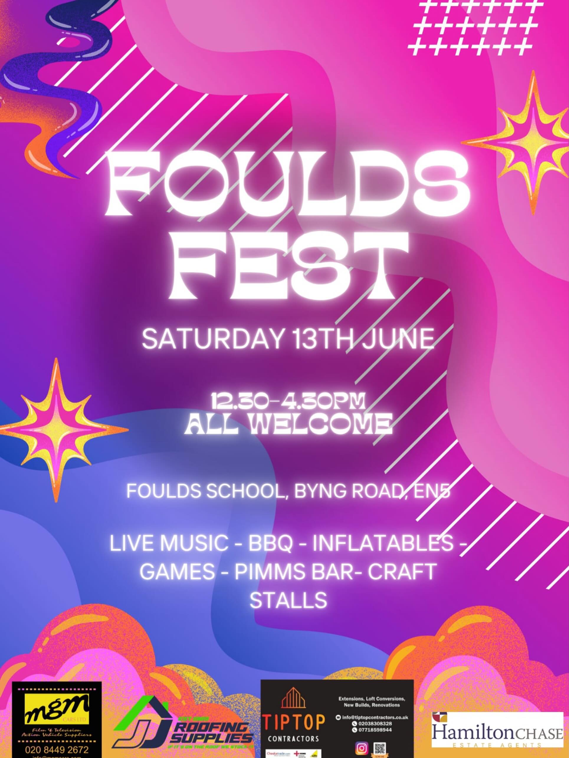 Save the date!! 🎉
The summer fair is back — and this year it’s Foulds Fest… our very own mini music festival ☀️🎶
Join us on Saturday 13th June for an afternoon packed with live music, BBQ, inflatables, games, craft stalls, Pimms bar and more — all while celebrating amazing local musical talent and our brilliant Foulds community 💜
12.30–4.30pm
Foulds School, Byng Road EN5
All welcome! #FouldsFest #SummerFair #BarnetEvents #FamilyFestival #FriendsOfFoulds