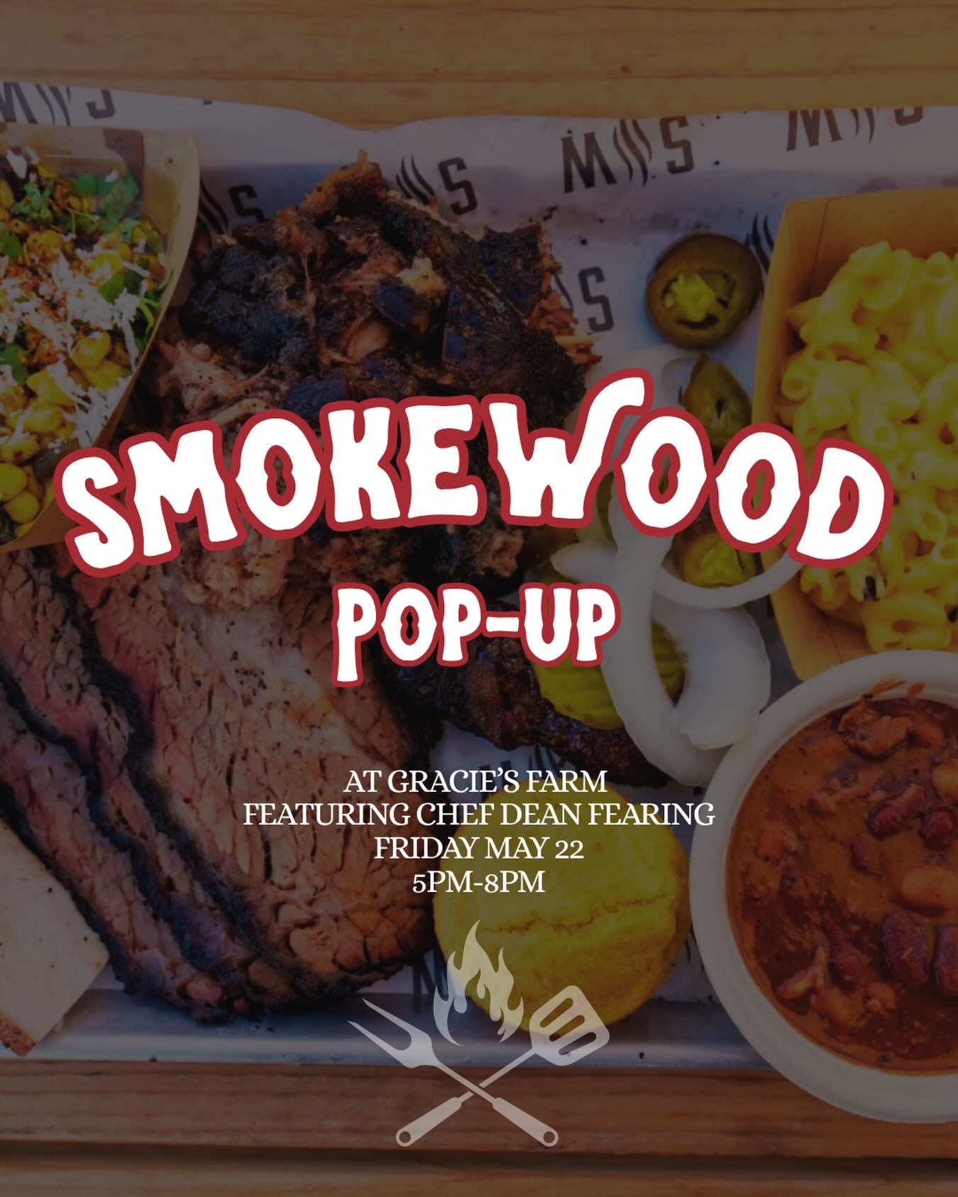 SmokeWood returns to Gracie’s Farm for a special pop-up on May 22, ahead of our official opening on June 5
Join us for an open-air evening featuring Chef Dean Fearing as he kicks off his residency at Blue Sky with a walk-up dining experience rooted in bold Southwestern flavors and live-fire cooking
Set at Gracie’s Farm, this casual pop-up offers a first taste of the SmokeWood season
The Gracie’s Farm Store will also be open during the event with limited seasonal produce and farm goods available
Drop in for dinner and drinks and help us welcome the season!