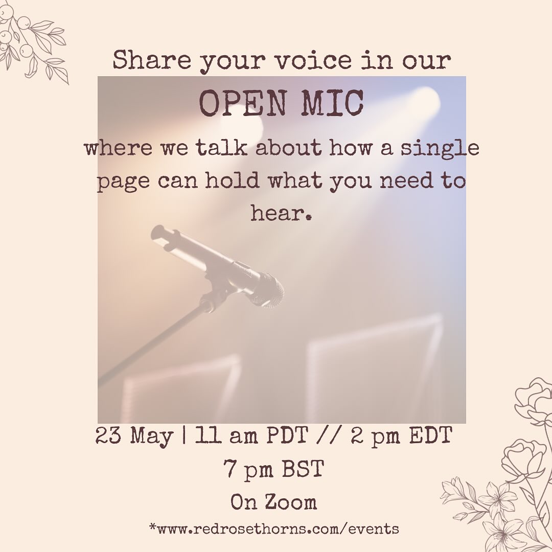 đ¤Â Join us for our Virtual Open Mic this month, where we will be headlined by one of our wonderful redrosethorns contributors: Tulip Chowdhury!
â¨Â About Tulip:
âTulip Chowdhury is a long-time educator and writer. She has authored multiple books, including Visible, Invisible and Beyond, Soul Inside Out, and a collection of poetry titled Red, Blue, and Purple. Tulip currently resides in Massachusetts, USA.â
Weâre thrilled to have her open our stage.
After our headliners perform, everyone who registers gets a 5-minute slot to share their workâpoetry, prose, or whatever moves you. This is your space to be heard.
Event Details:â¨đď¸Â Date: 23 May 2026â¨â°Â Time: 11 am PDT | 2 pm EDT | 7 pm BSTâ¨đ Location: Online via Zoomâ¨đď¸Â Tickets: Free (donations welcome)
đ Link in bio to sign up. Slots fill fastâreserve yours now. We canât wait to hear your words.
.â¨.â¨.
#RedRoseThorns #OpenMic #OnlineEvents #WritingCommunity #ShareYourVoice