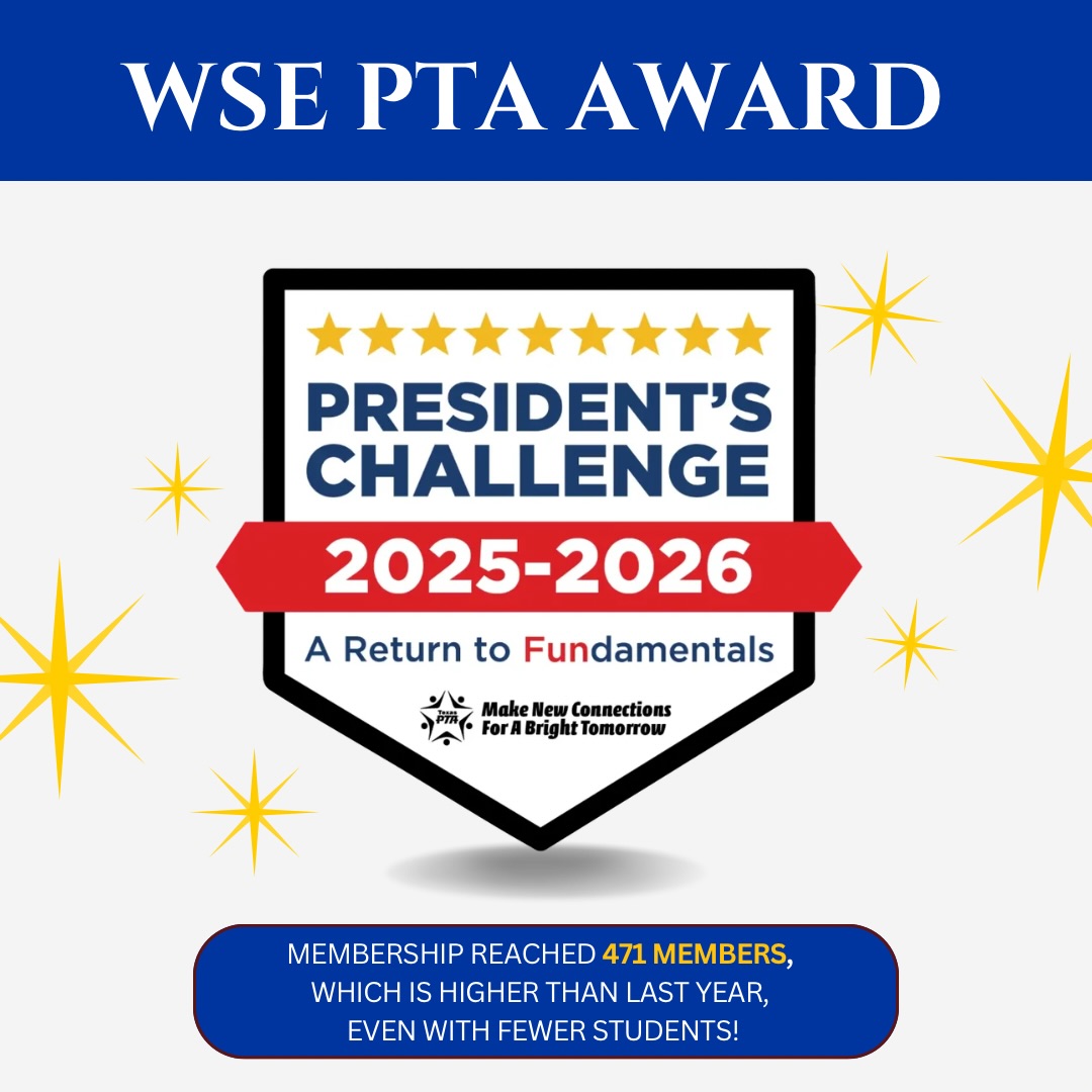 🏆We are so proud to share that Walnut Springs Elementary PTA received the Texas PTA President’s Challenge Award!🏆
This award recognizes PTAs that continue to grow and strengthen membership year after year. Even after district rezoning led to a decrease in our WSE student population, our community showed up in a BIG way… exceeding last year’s membership numbers with 471 PTA members strong! 💙
A special thank you to our VP of Membership, Amanda Kraft, for her hard work and dedication in helping us achieve this!
Thank you to every parent, teacher, staff member, family member, and community supporter who joined our PTA this year. Your support helps make so many meaningful experiences possible for our students and campus!