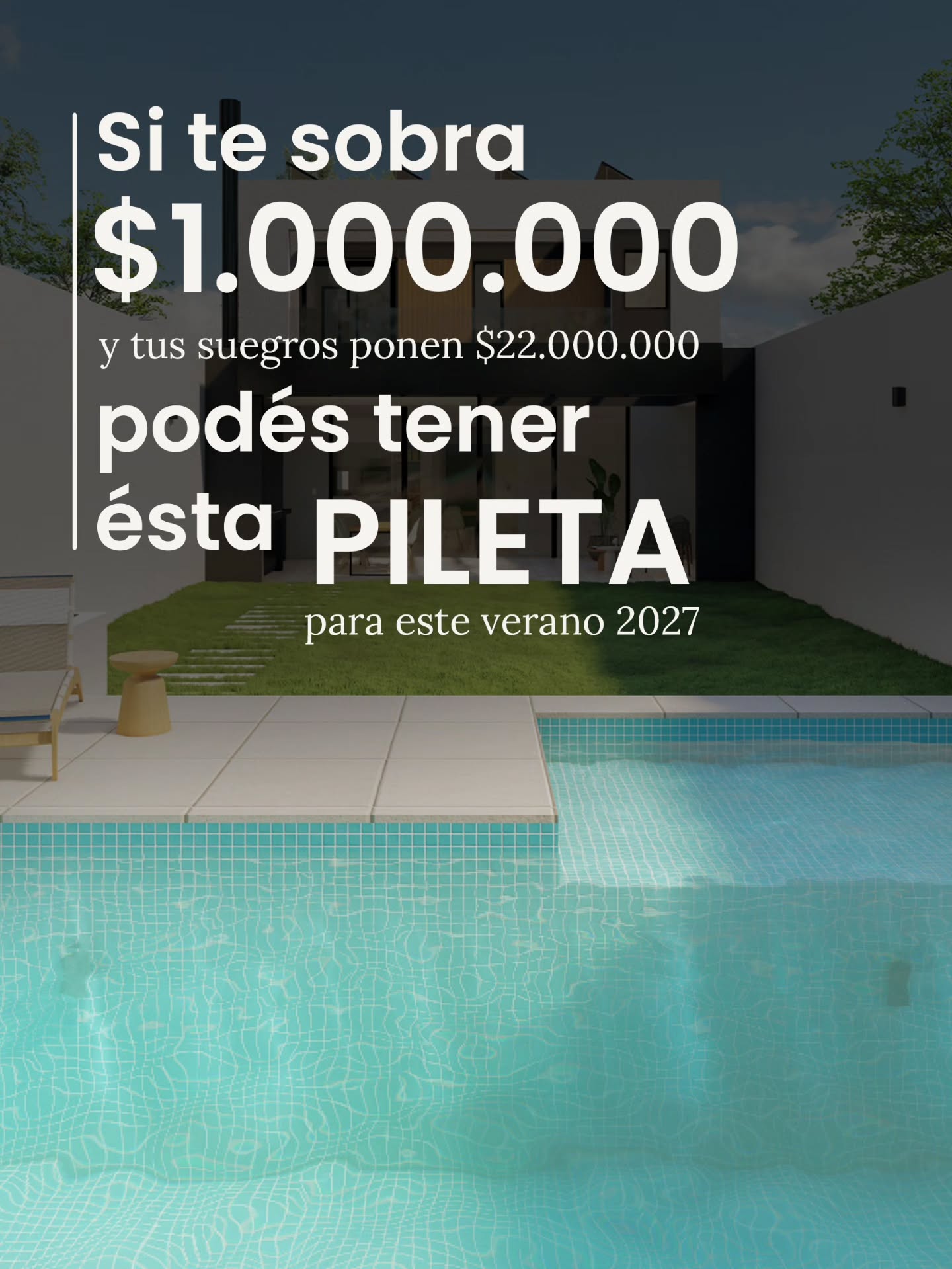 ⚠️ Tus suegros pueden o no querer darte el dinero para construir tu piscina.
💲 El presupuesto puede variar acorde a dimensiones, tipo de terreno, profundidad y diseño de la piscina.
💡 Muchos clientes nos han pedido una pileta con una parte baja y una parte profunda para luego darse cuenta de que en ese tipo de piletas no se le da uso a la parte profunda. Spoiler alert: terminaron eligiendo una playa húmeda amplia y una pileta de 1 metro de profundidad.
🙏 Esperar a noviembre puede ser perjudicial para la salud... (de los arquis a cargo).
.
#arquitectoscastelar #piscinas #playahumeda