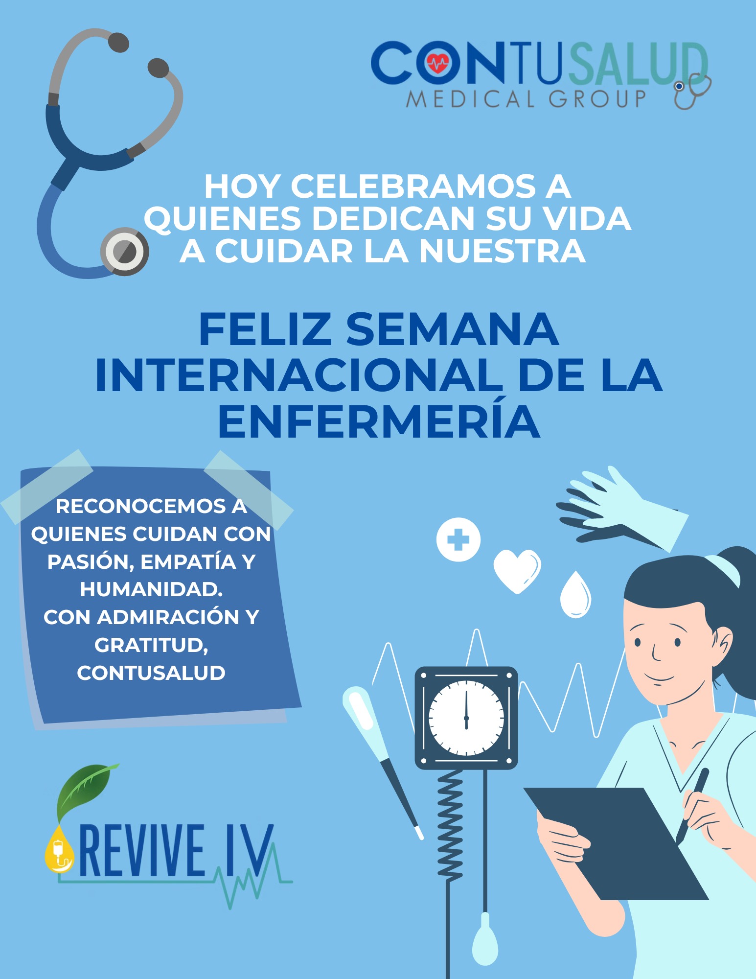 En esta Semana de la Enfermería celebramos a quienes cuidan con vocación, paciencia y corazón. Gracias a nuestra enfermera de la oficina por su compromiso diario, su dedicación y por siempre brindar apoyo con una sonrisa. Y extendemos nuestro agradecimiento a todos los profesionales de enfermería que hacen la diferencia cada día con su entrega y humanidad.
¡Feliz Semana de la Enfermería de parte de ConTu Salud Medical Group!