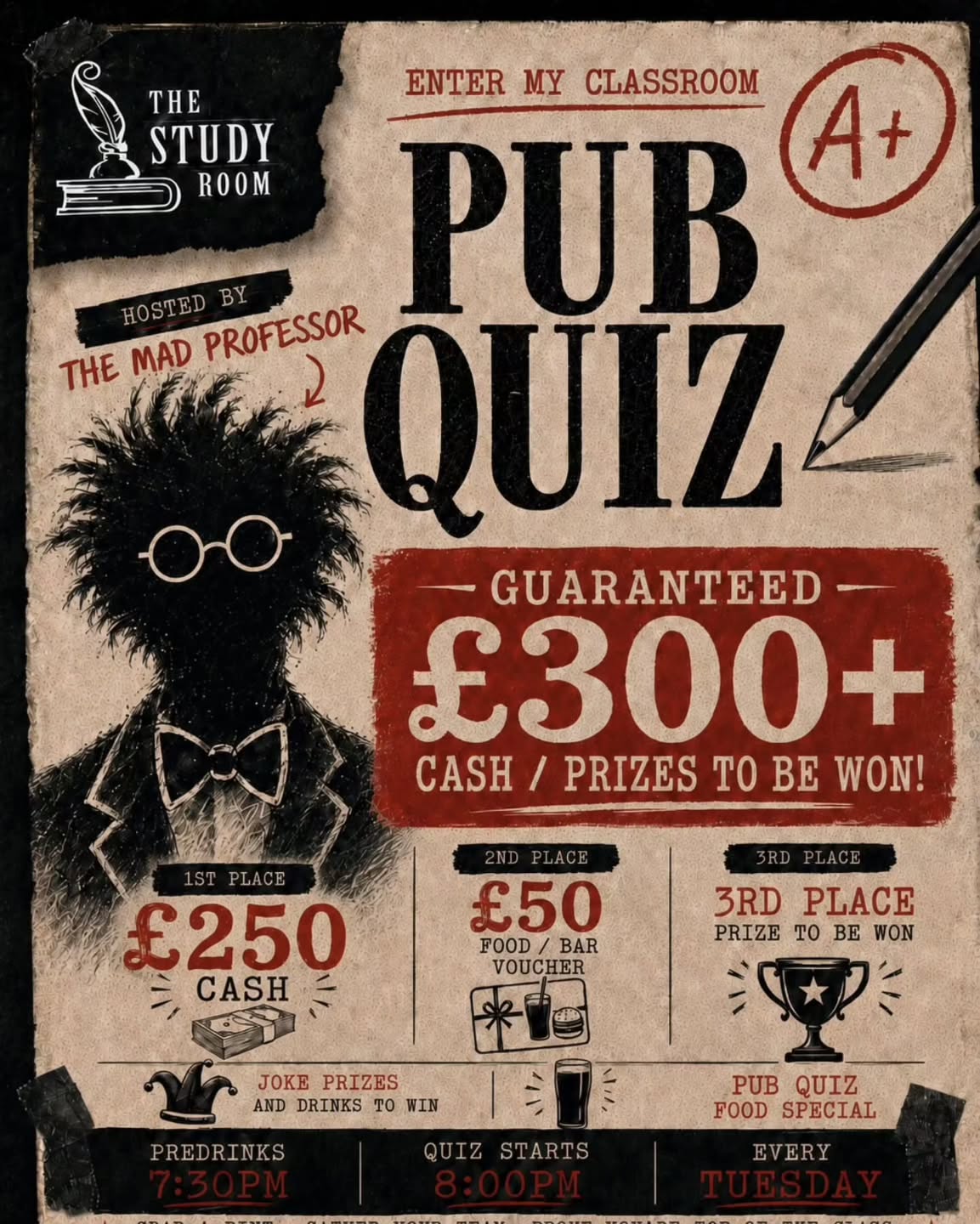 Think youāre clever enough to take on The Mad Professor? š§ ā”ļø
Lancaster⦠class is officially back in session Tue 19th May!
Pub Quiz returns to The Study Room with a bang for our first quiz night in the newly renovated venue, and weāre going bigger, louder and more chaotic than ever.
Hosted by The Mad Professor ā expect brain-bending questions, ridiculous banter, quick-fire chaos, joke prizes, surprise rounds and a quizmaster who takes knowledge far too seriously.
The Study Room has always had a reputation for being one of Lancasterās biggest and best quiz nights⦠and now weāre bringing it back properly.
š Guaranteed Ā£300+ cash & prizes to be won
š„ 1st Prize: Ā£250 cash
š„ 2nd Prize: Ā£50 food/bar voucher
š„ 3rd Place: Random prizes
š Pub quiz food sharing specials
Round up your smartest, your loudest mates, and the one who insists they āknow loads of random stuffā ā this is your chance to prove youāre top of the class.
š» Pre-drinks from 7:30pm
š§ Quiz starts at 8pm
š The Study Room, Lancaster
š
Launching this Tuesday 19th may
Tables are going to fill fast ā get your team together and donāt be late for class.š
Launching this Tuesday
#TheStudyRoomLancaster #LancasterPubQuiz #PubQuizNight #LancasterEvents #lancasterquiz