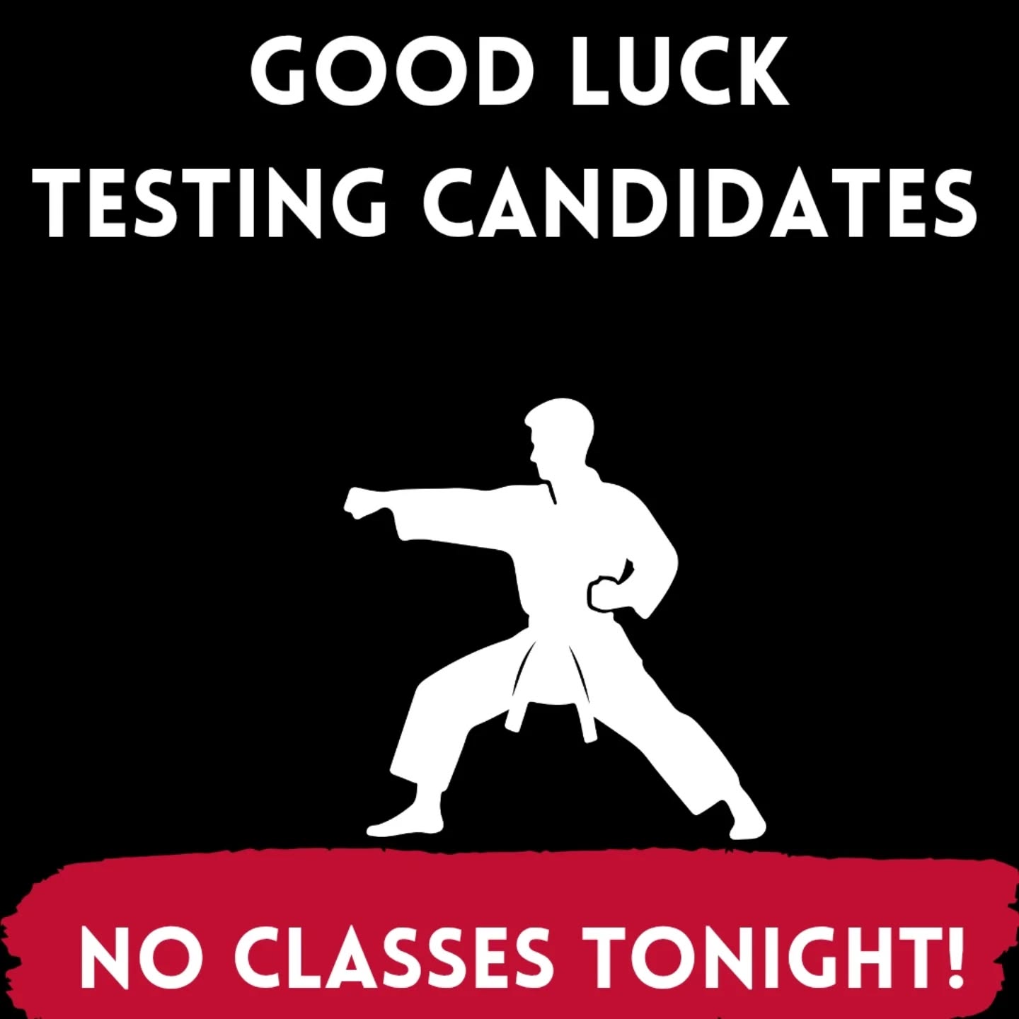 Wishing all the students who are testing for the next belt the best of luck! There are no classes tonight. Come cheer on your classmates!