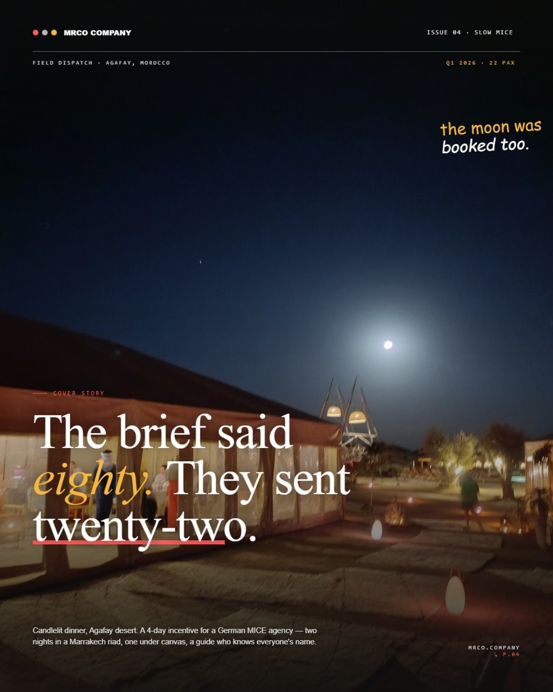 Morocco welcomed 4.3 million tourists in Q1 2026 — up 7% year-on-year.
Three years ago, this same agency would have brought us an 80-pax brief. Same client. Same budget.
That's the shift no one is talking about. The headline numbers say "Morocco is booming." The briefs we receive say "Morocco is densifying." Clients no longer measure incentive success in headcount — they measure it in moments people will tell their family about.
A small group lets you do things a big group can't: a private dawn flight, a guide who knows everyone's name, a bivouac that doesn't feel manufactured.
Slow MICE isn't slower. It's denser.
Are your incentive briefs still chasing scale, or shifting toward depth?
#IncentiveTravel #MICEMorocco #SlowMICE #DMC