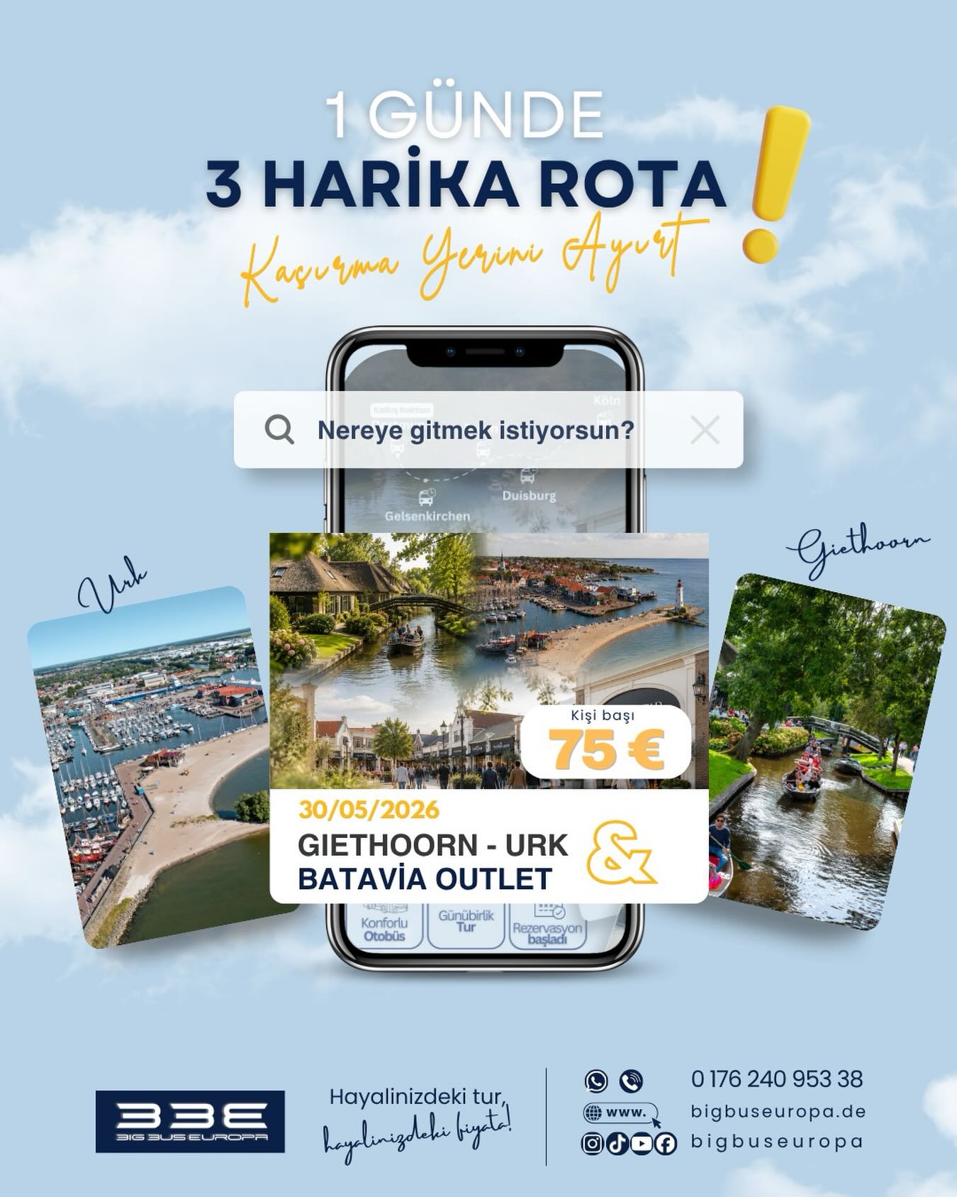 1 günde 3 farklı rota… 🌿⚓🛍️
Giethoorn’un huzuru, Urk’un sahil havası ve Batavia Outlet alışveriş keyfi bir arada 🚍✨
Koltuklar dolmadan yerini ayırtmayı unutma 😊
📅 30.05.2026
📩 Rezervasyon ve detaylı bilgi için DM & WhatsApp
#giethoorn
#bataviaoutlet
#urk
#hollandaturu
#günübirliktur