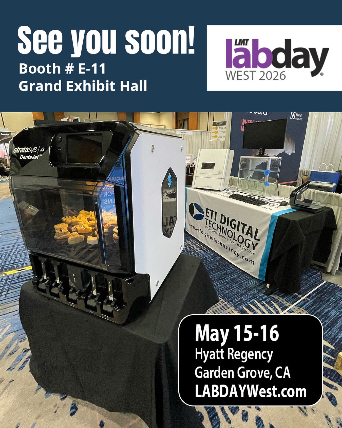 🚀 We’re all set up and ready to go for LMT Lab Day West 2026! 🙌😁
The ETI Digital Technology team is excited to connect with everyone and showcase the latest innovations shaping the future of digital dentistry at Booth #E-11 in the Grand Exhibit Hall. ✨
From advanced milling and CAD/CAM solutions to next-generation 3D printing and materials, we’re bringing the technology that’s helping dental labs work smarter, faster, and more efficiently. 🔥
Stop by to see:
🔹 Shining 3D
🔹 exocad
🔹 Roland DGSHAPE DWX-43W
🔹 MillBox CAM
🔹 Amber Mill
🔹 3D Pro Multilayer Zirconia
🔹 Stratasys DentaJet PolyJet Technology
We can’t wait to see familiar faces, meet new ones, and talk all things digital dentistry. 😎
📍 Booth #E-11 | Grand Exhibit Hall
📞 714-238-1490
📧 sales@etidigitaltechnology.com
🌐 www.etidigitaltechnology.com
See you at the show! 🚀
#DigitalDentistry #DentalLab #DentalInnovation ETIDigitalTechnology LMTLabDayWest2026
